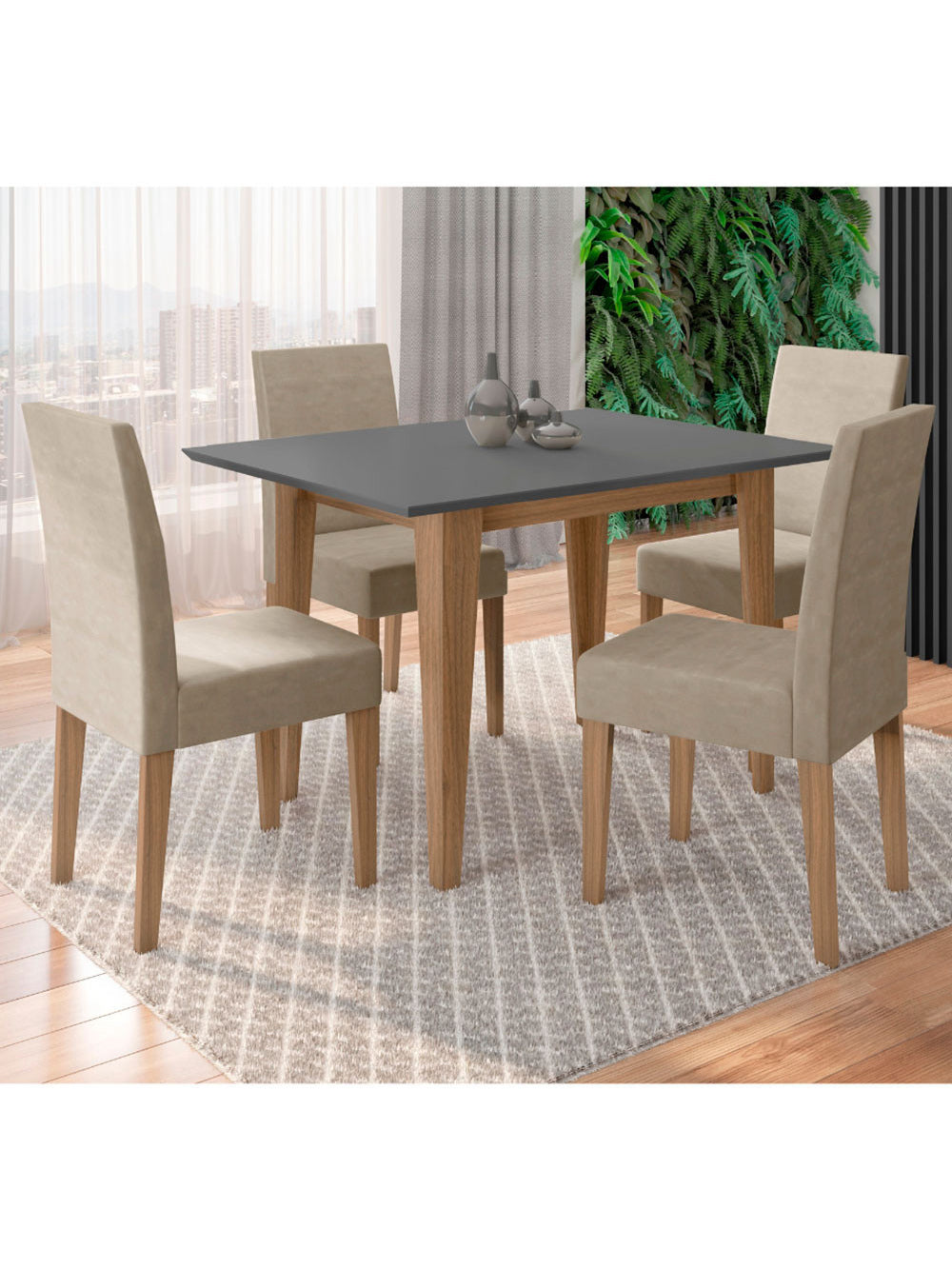 Conjunto Sala de Jantar Retangular Mesa Kate 120cm e 04 Cadeiras Josi Poliman Móveis - Carvalho com Grafite