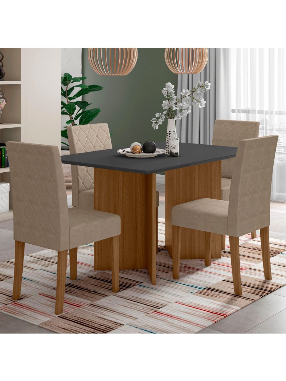Conjunto Sala de Jantar Retangular Mesa Helo 120cm e 04 Cadeiras Jade Poliman Móveis - Carvalho com Grafite