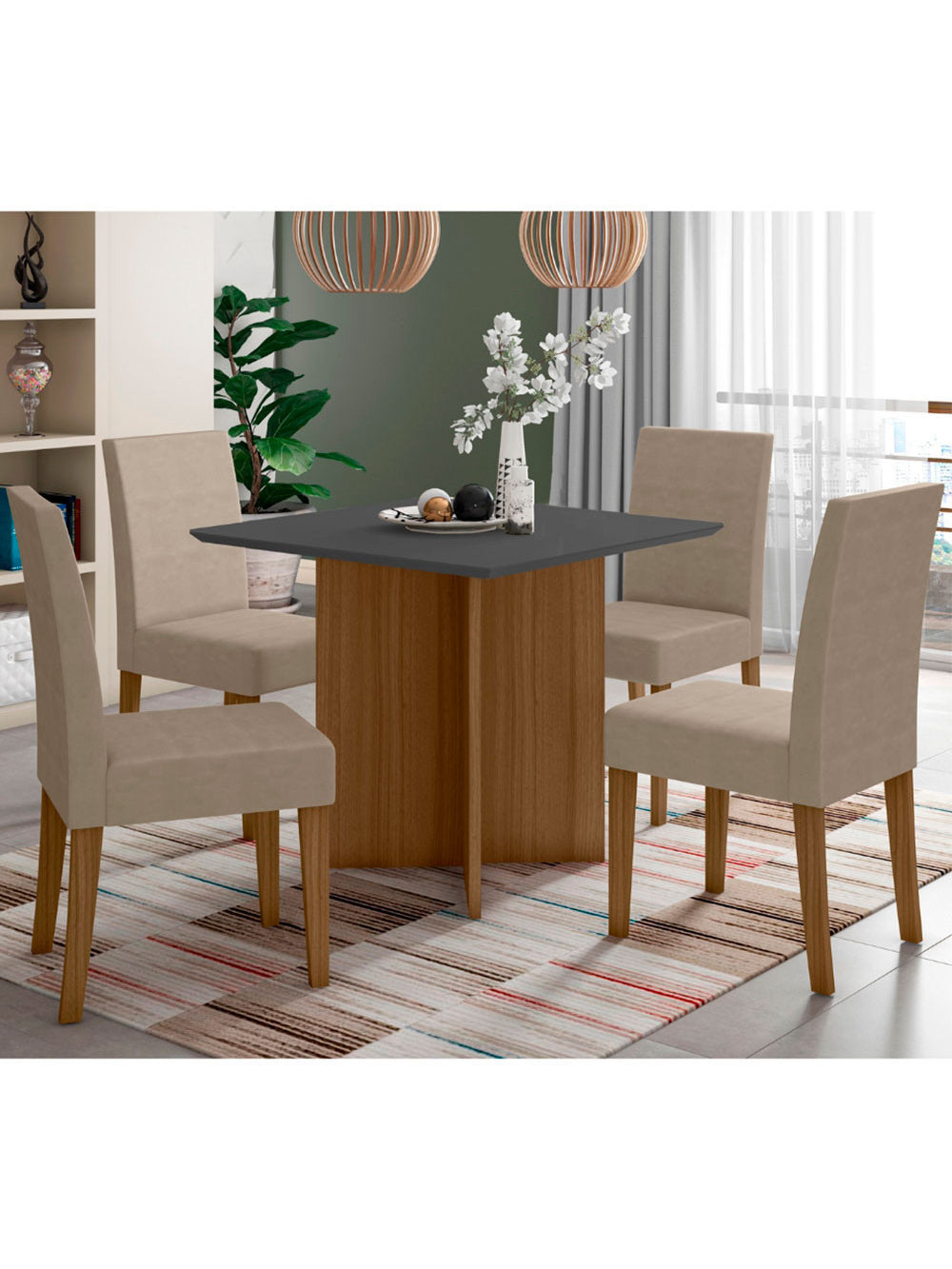 Conjunto Sala de Jantar Quadrada Mesa Helo 90cm e 04 Cadeiras Josi Poliman Móveis - Carvalho com Grafite