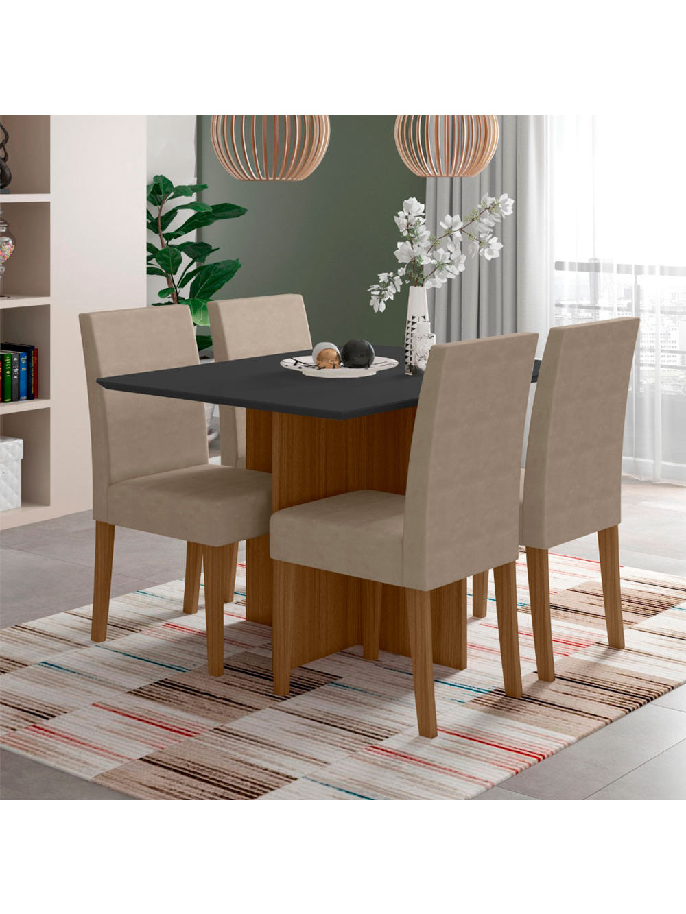 Conjunto Sala de Jantar Retangular Mesa Helo 120cm e 04 Cadeiras Josi Poliman Móveis - Carvalho com Grafite