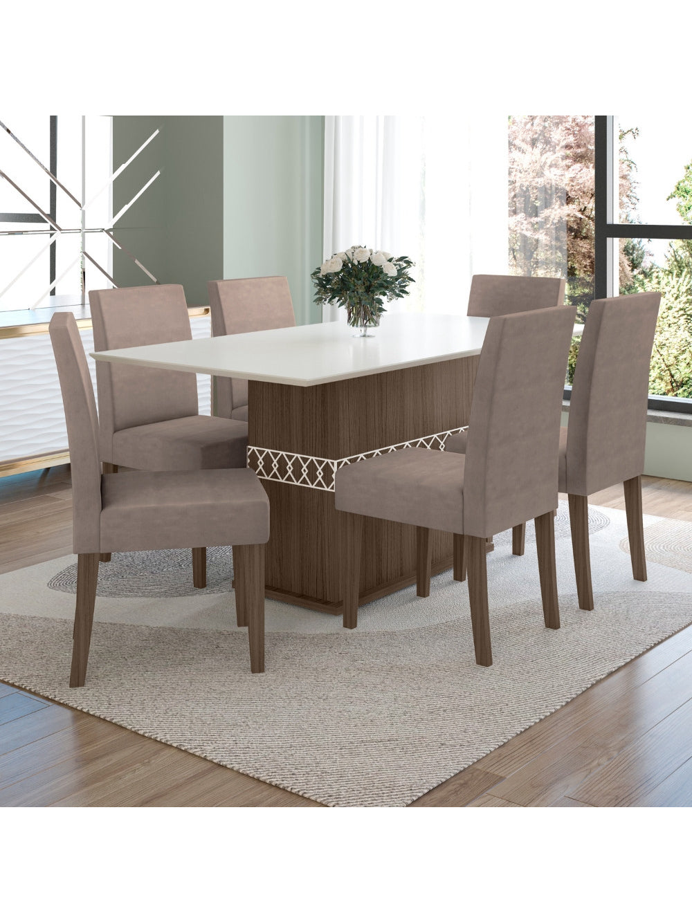Conjunto Sala de Jantar Retangular Mesa Agata 160cm e 06 Cadeiras Josi Poliman Móveis - Amêndoa com Off White