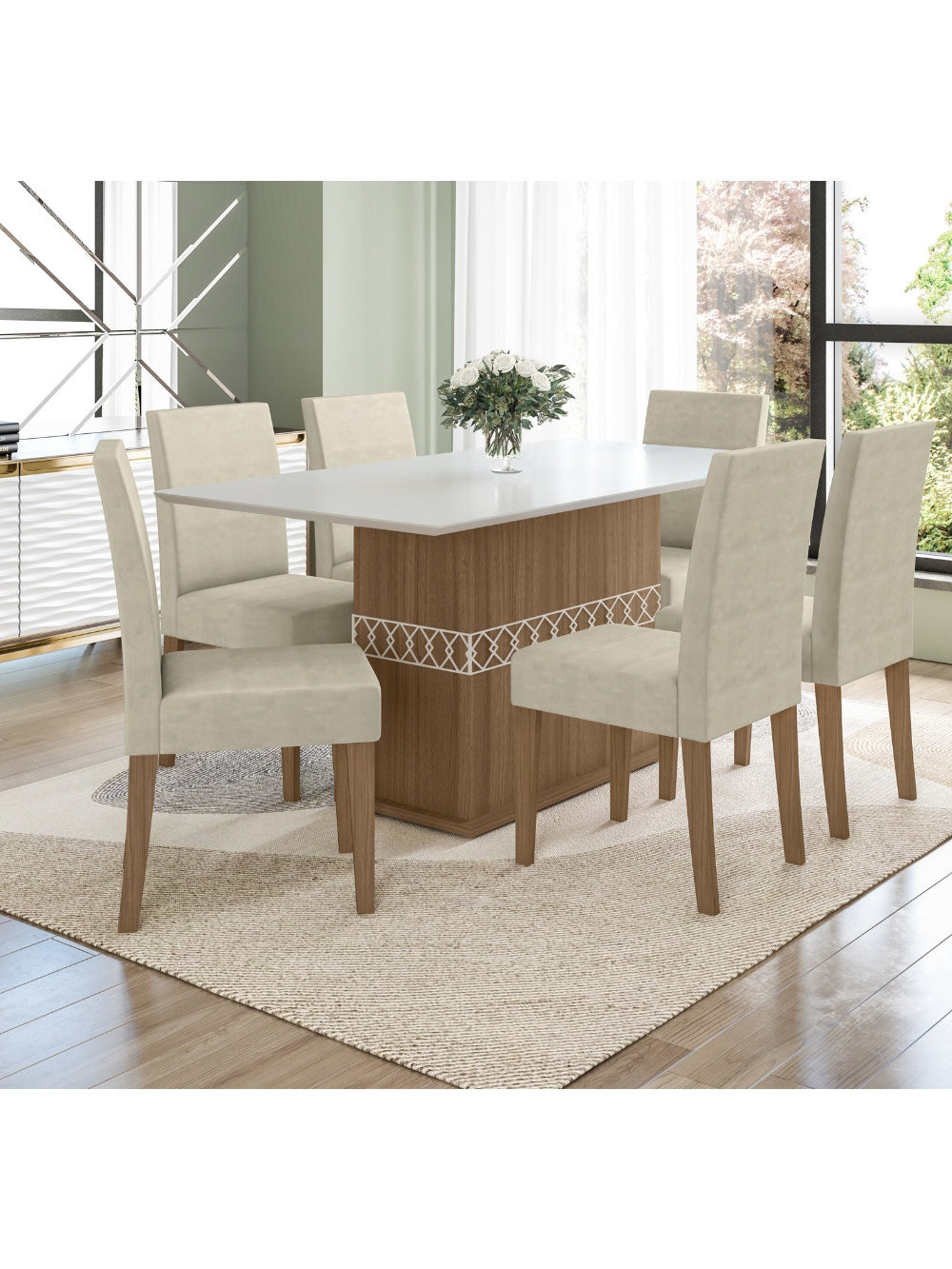 Conjunto Sala de Jantar Retangular Mesa Agata 160cm e 06 Cadeiras Josi Poliman Móveis - Carvalho com Off White