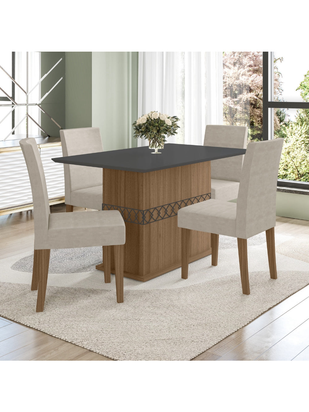 Conjunto Sala de Jantar Retangular Mesa Agata 136cm e 04 Cadeiras Josi Poliman Móveis - Carvalho com Grafite