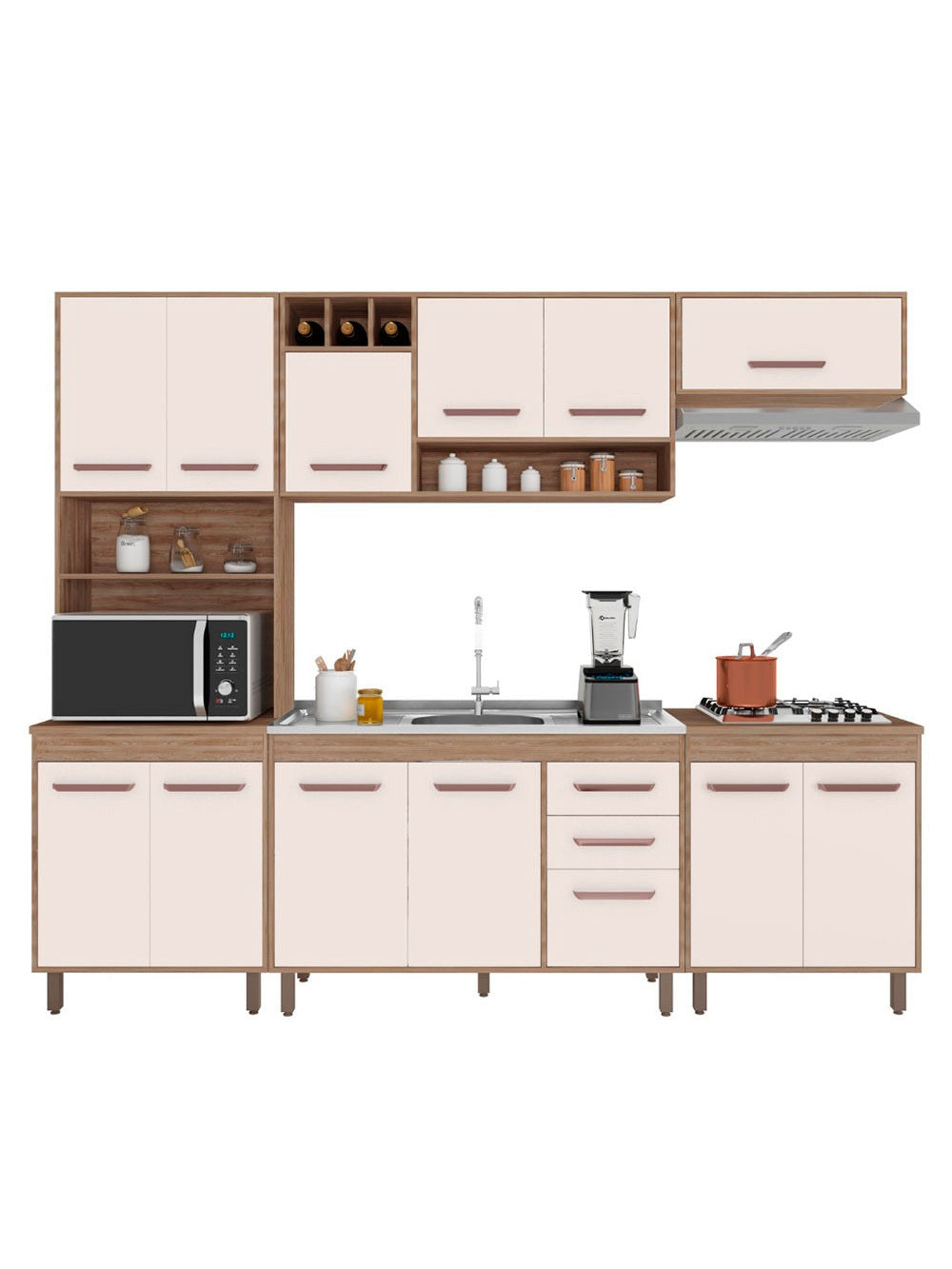 Cozinha Compacta 5 Peças Balcão Pia/Cuba Barcelona Poliman Móveis - Carvalho oak e Off White