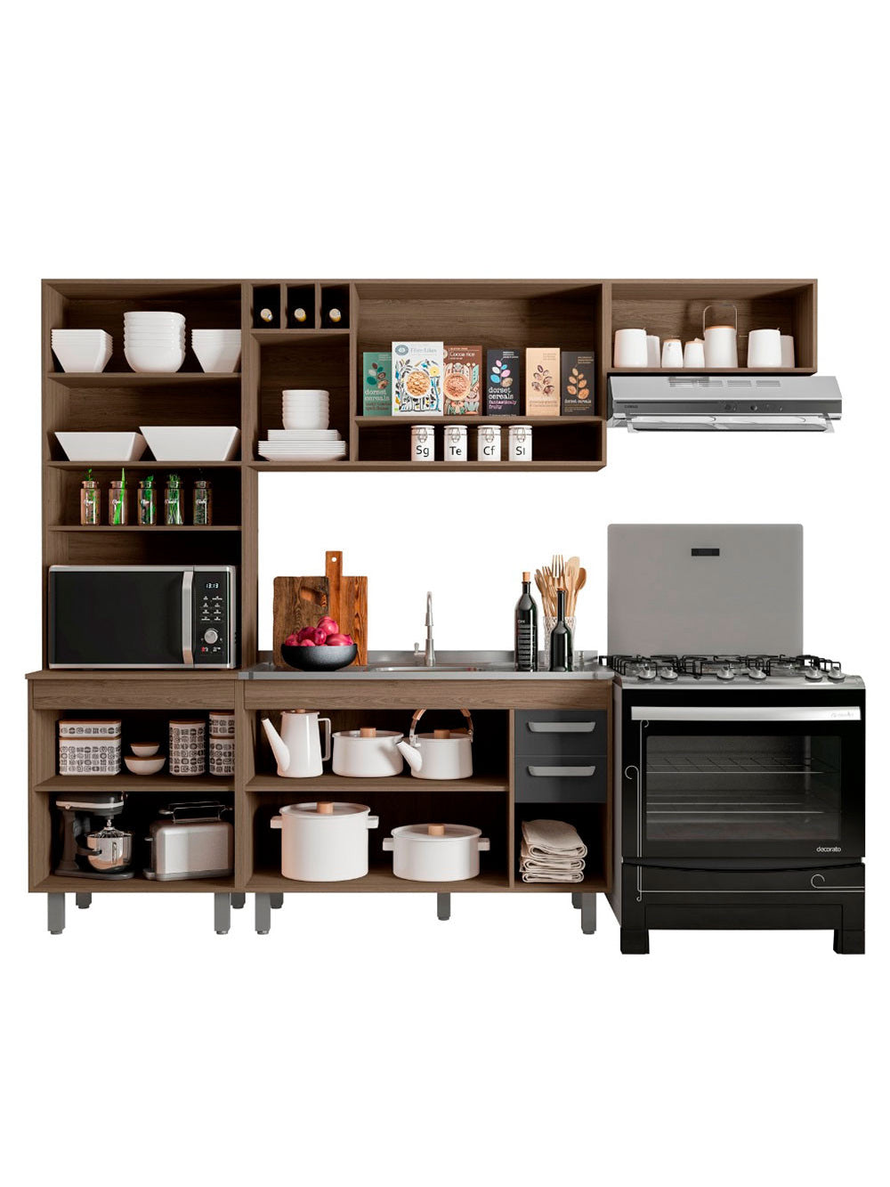Cozinha Compacta Barcelona 11 Portas e Balcão de pia em MDP Poliman Móveis - Carvalho oak e Off White