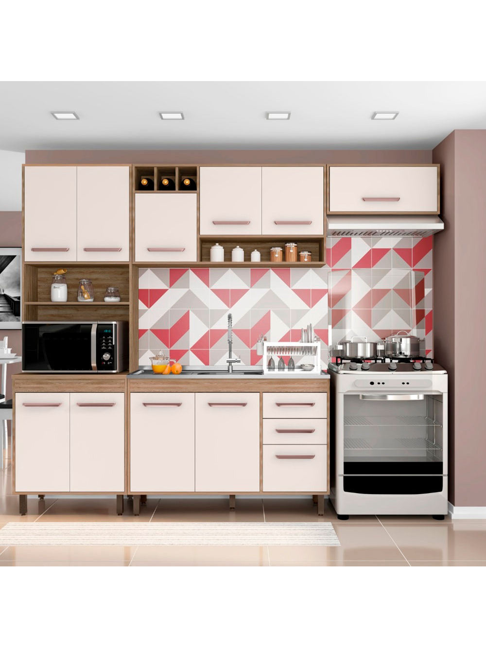 Cozinha Compacta Barcelona 11 Portas e Balcão de pia em MDP Poliman Móveis - Carvalho oak e Off White