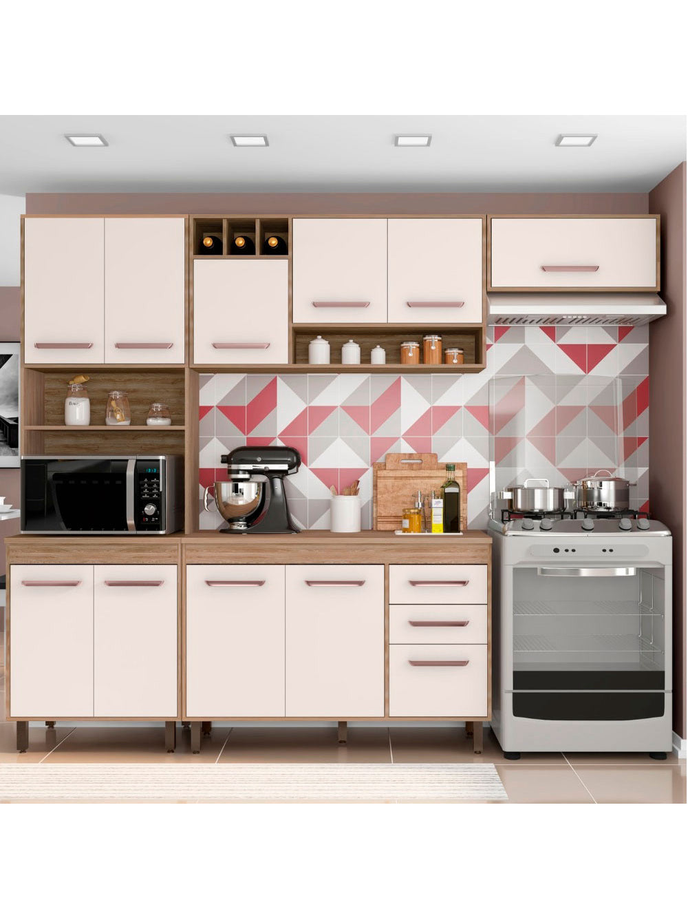 Cozinha Compacta 4 peças Balcão com Tampo Barcelona Poliman Móveis - Carvalho oak e Off White