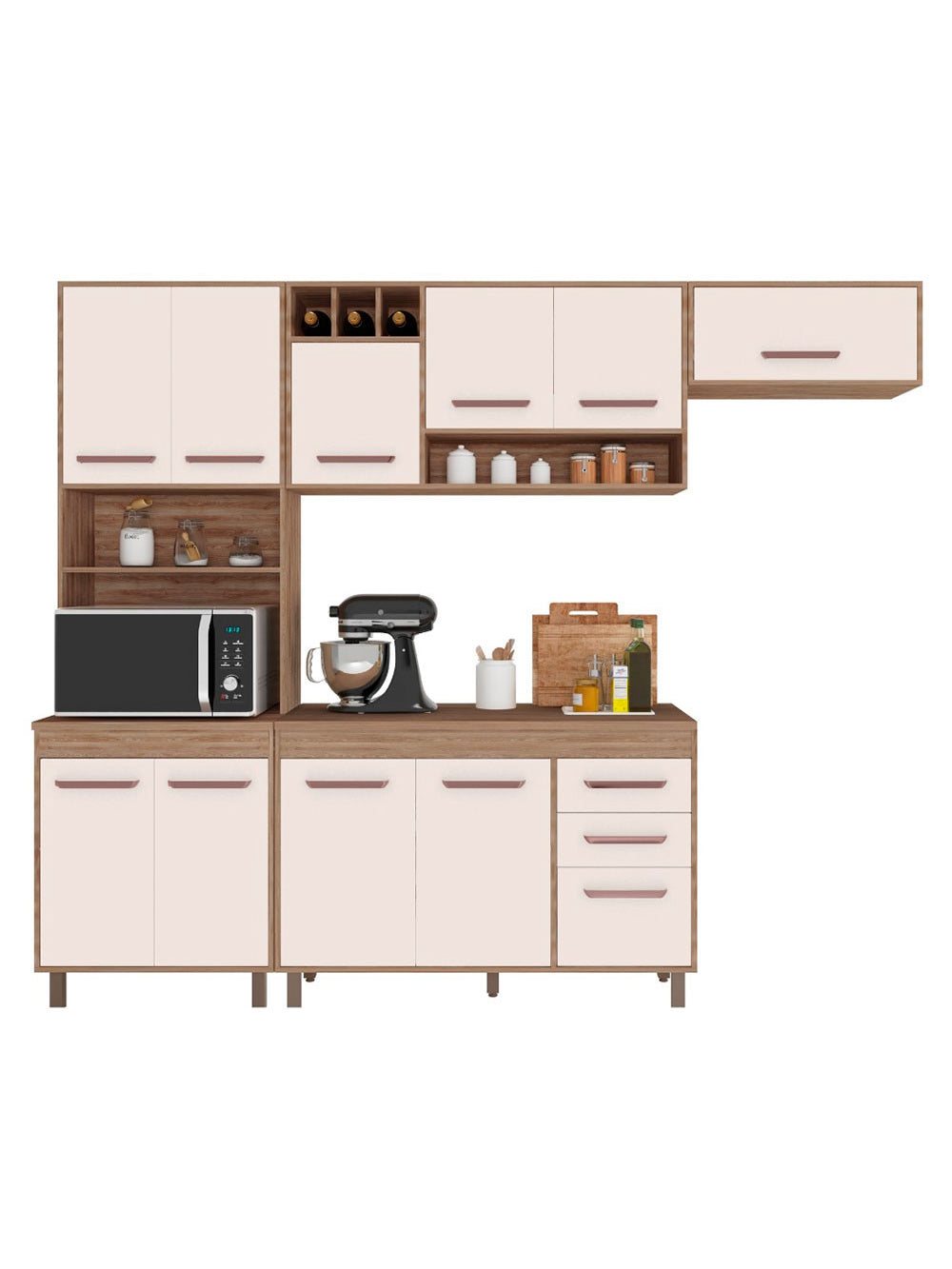 Cozinha Compacta 4 peças Balcão com Tampo Barcelona Poliman Móveis - Carvalho oak e Off White