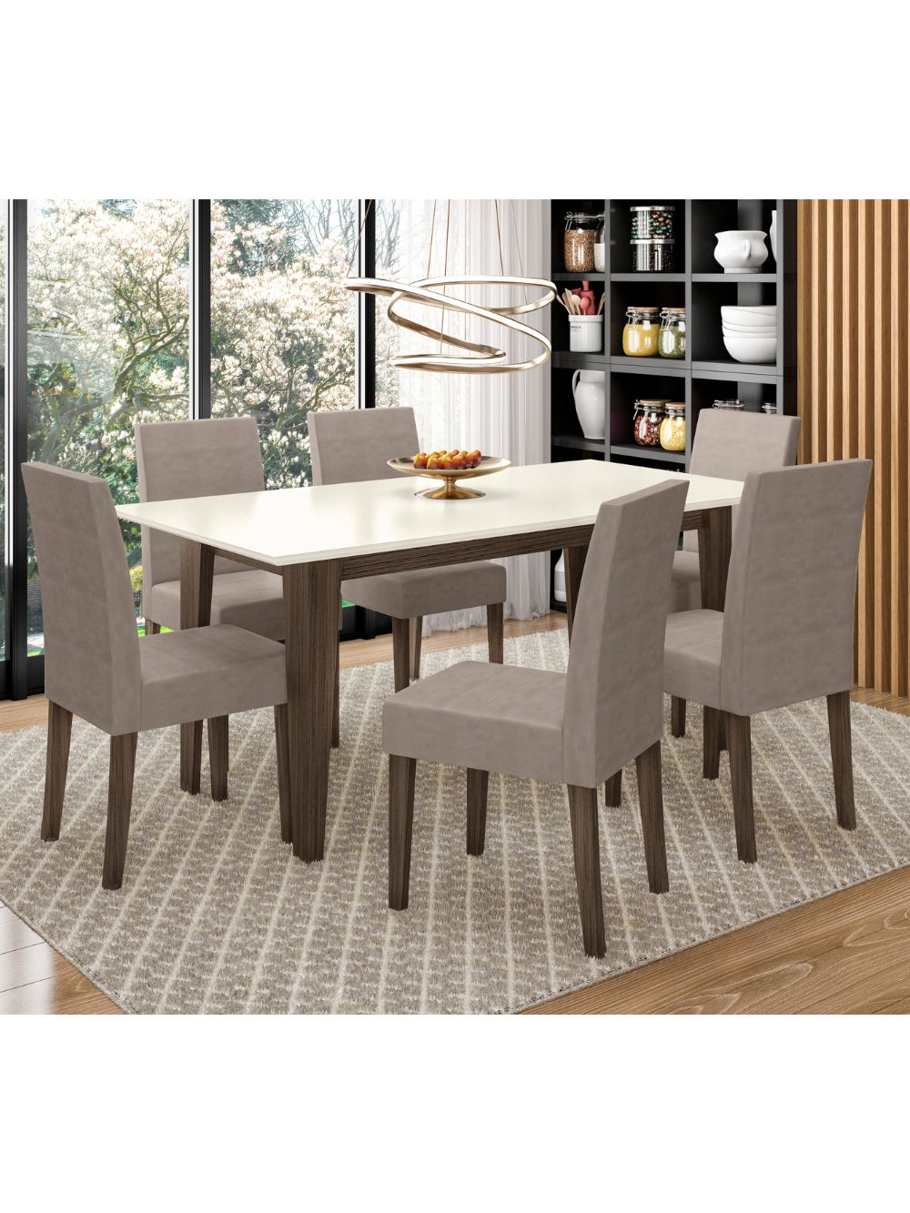 Conjunto Sala de Jantar Retangular Mesa Liz 160cm e 06 Cadeiras Josi Poliman Móveis - Amêndoa com Off White