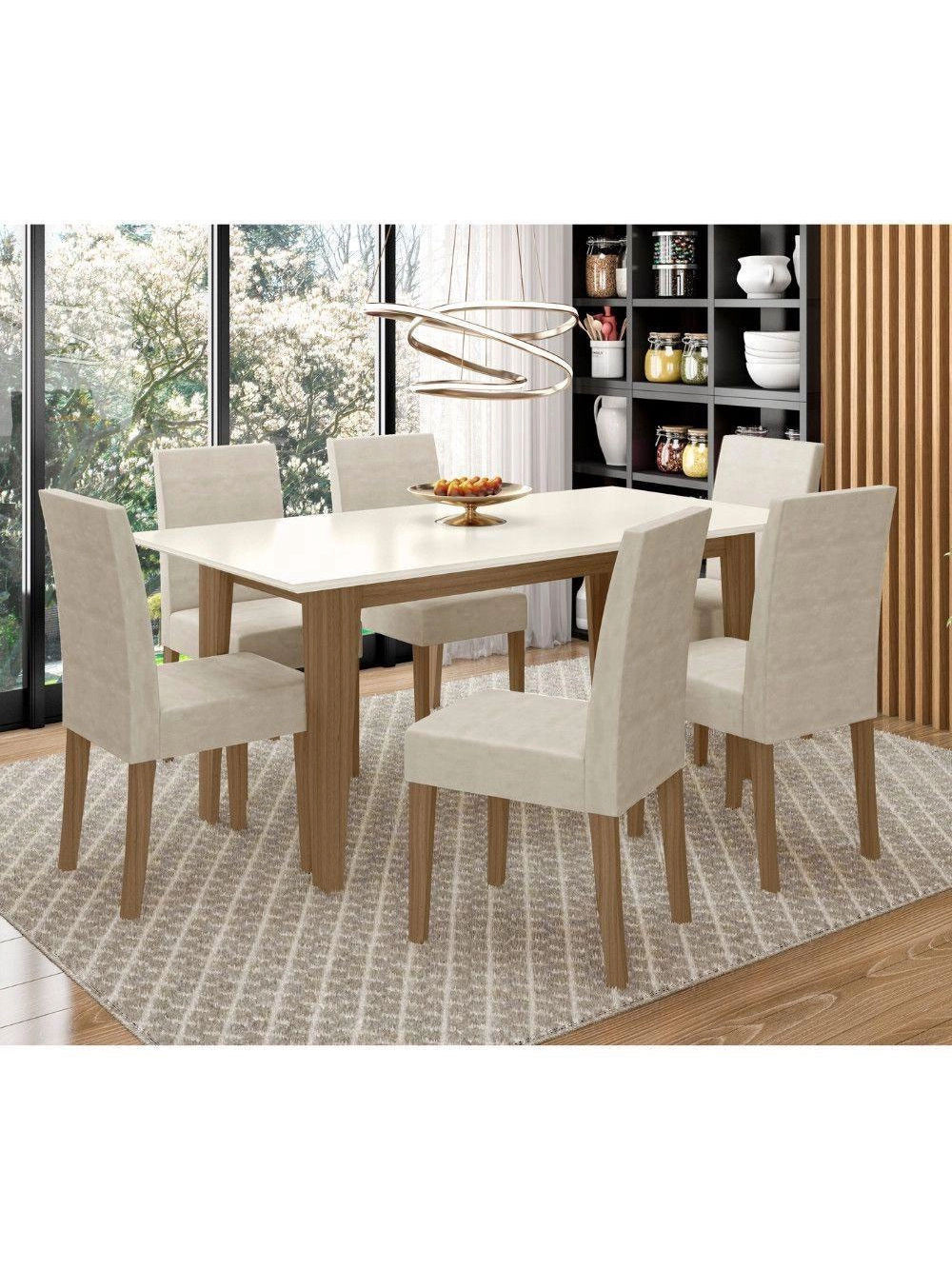 Conjunto Sala de Jantar Retangular Mesa Liz 160cm e 06 Cadeiras Josi Poliman Móveis - Carvalho com Off White