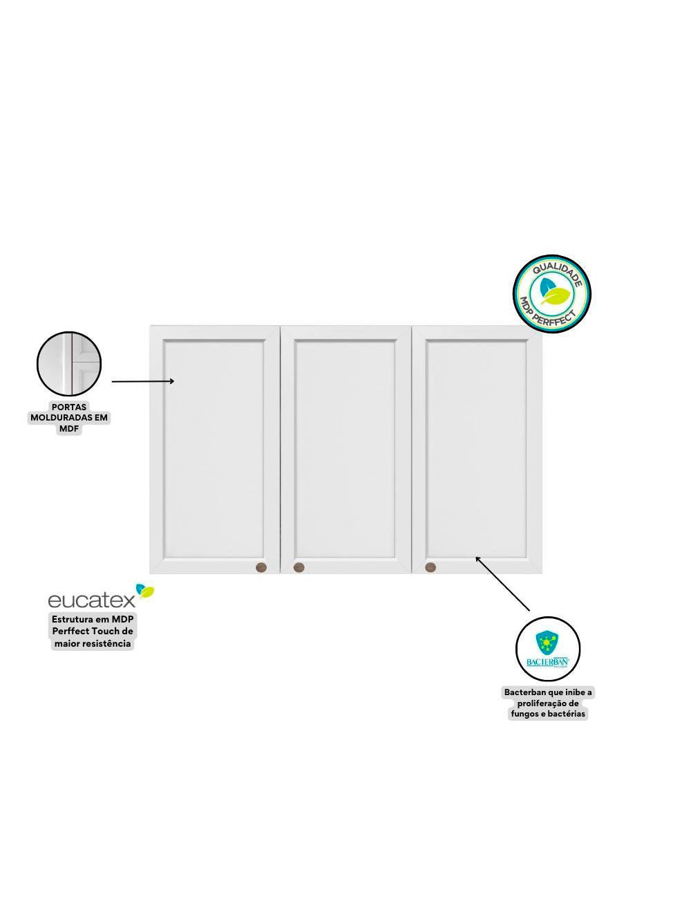 Armário Aéreo 3 Portas 120 cm Olivia - Nogueira e Branco