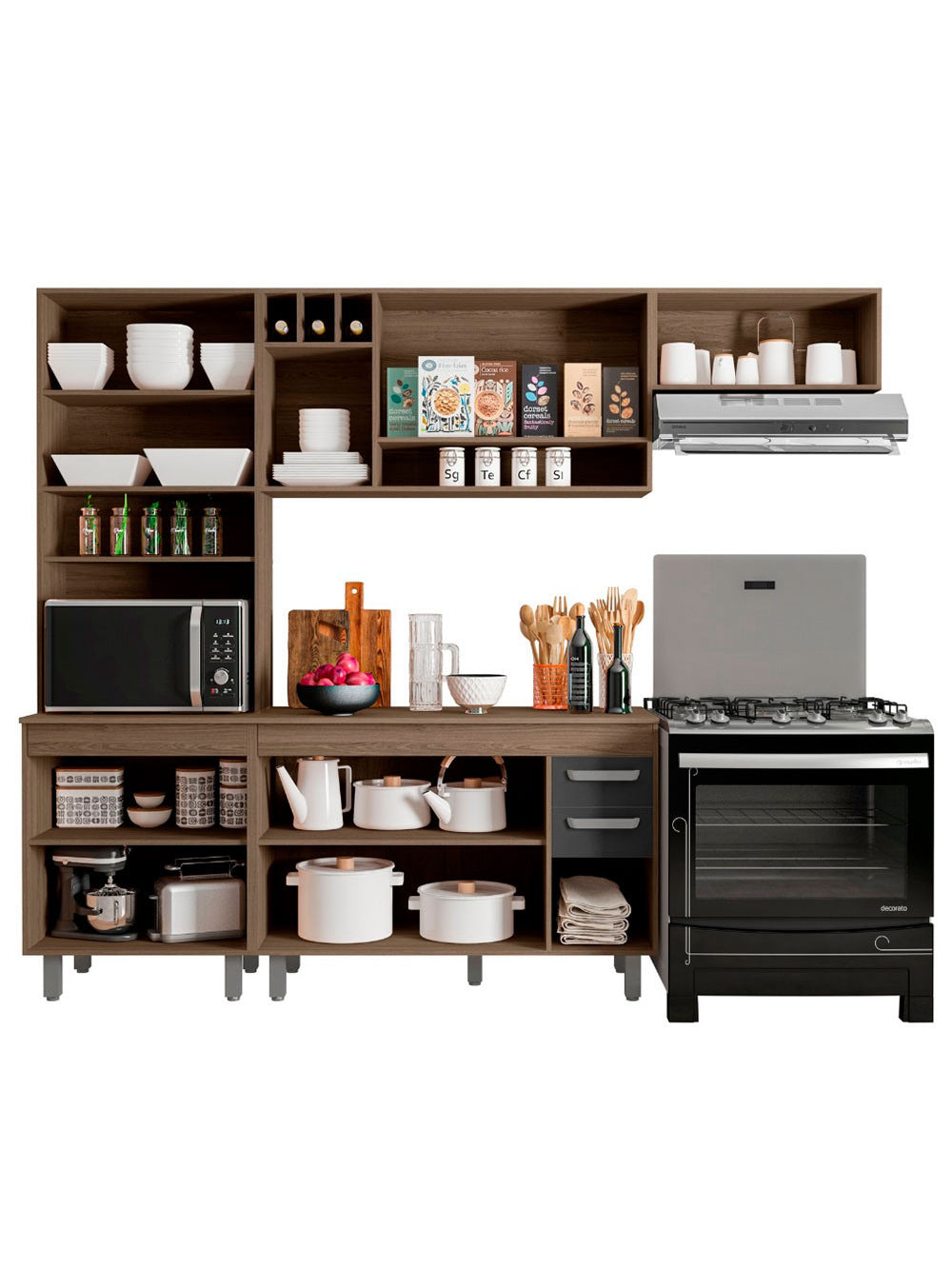 Cozinha Compacta 4 peças Balcão com Tampo Barcelona Poliman Móveis - Carvalho oak e Off White