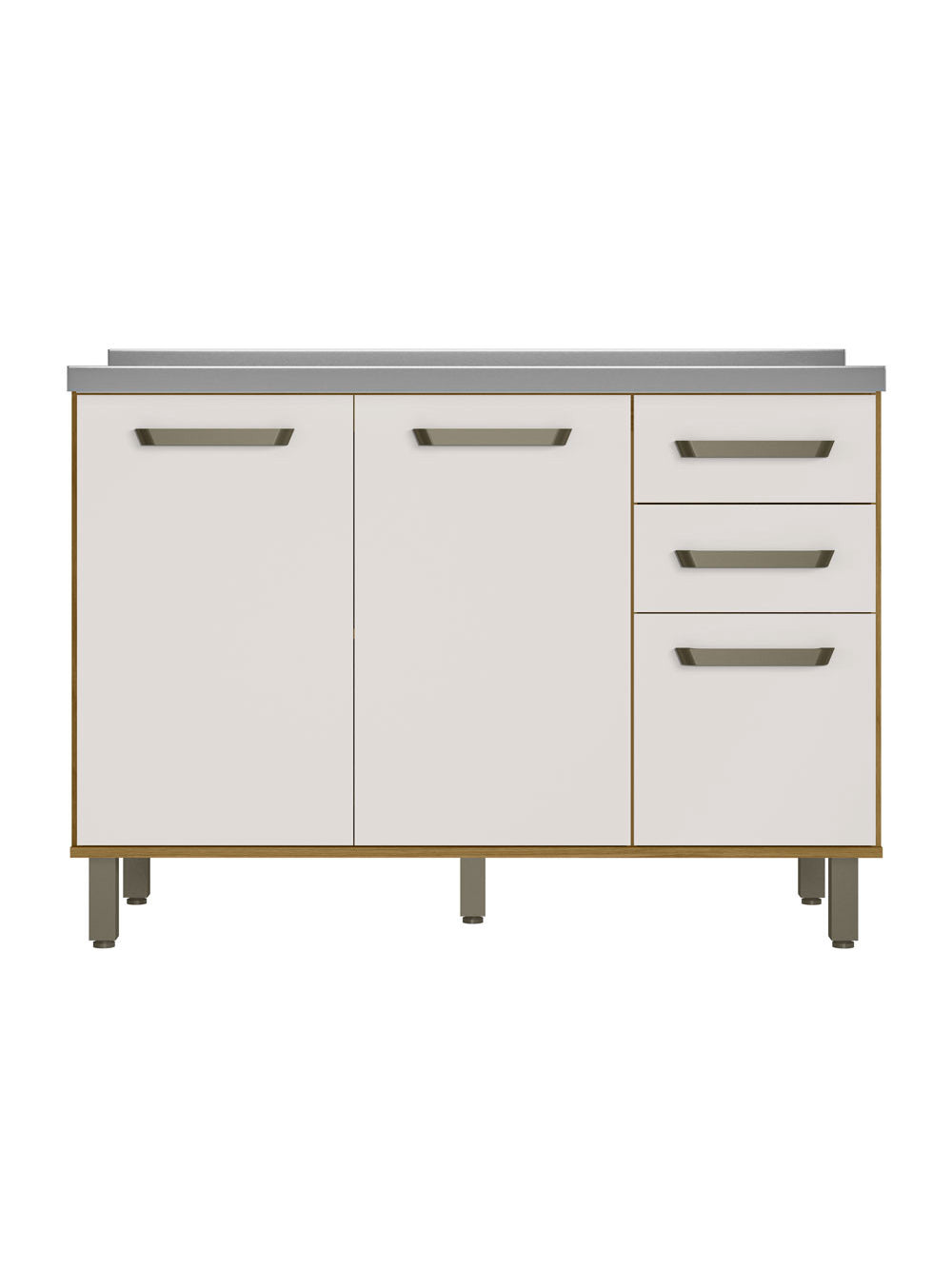 Balcão Criare 120cm com Tampo 3 Portas 2 Gavetas Poliman - Freijo e Off Acetinado