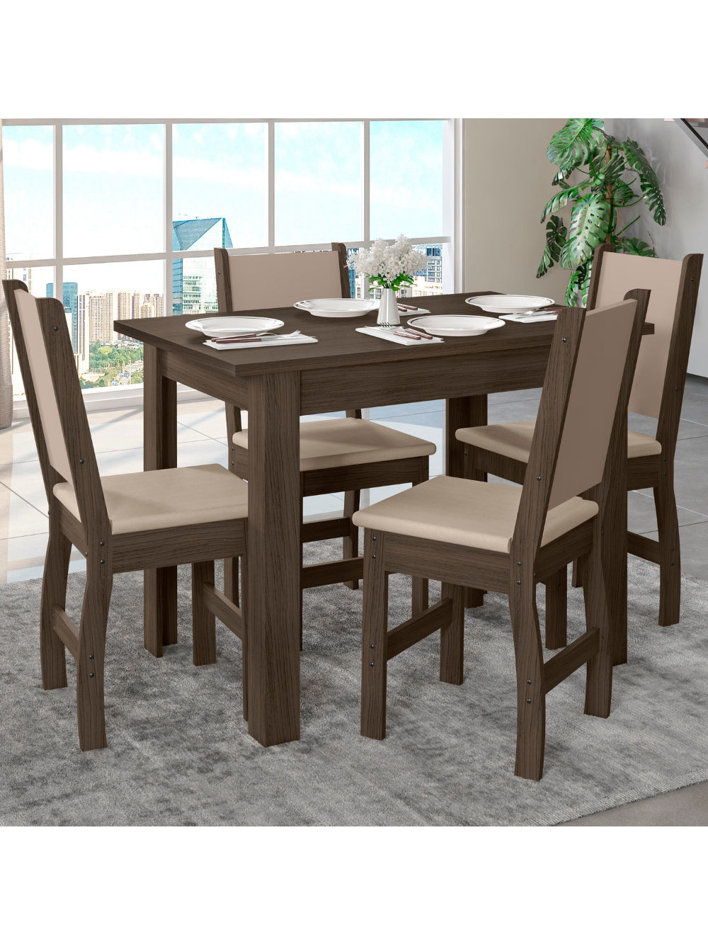Mesa de Jantar Bellagio Retangular 108cm Com 4 Cadeiras Clara Poliman Móveis - Amêndoa