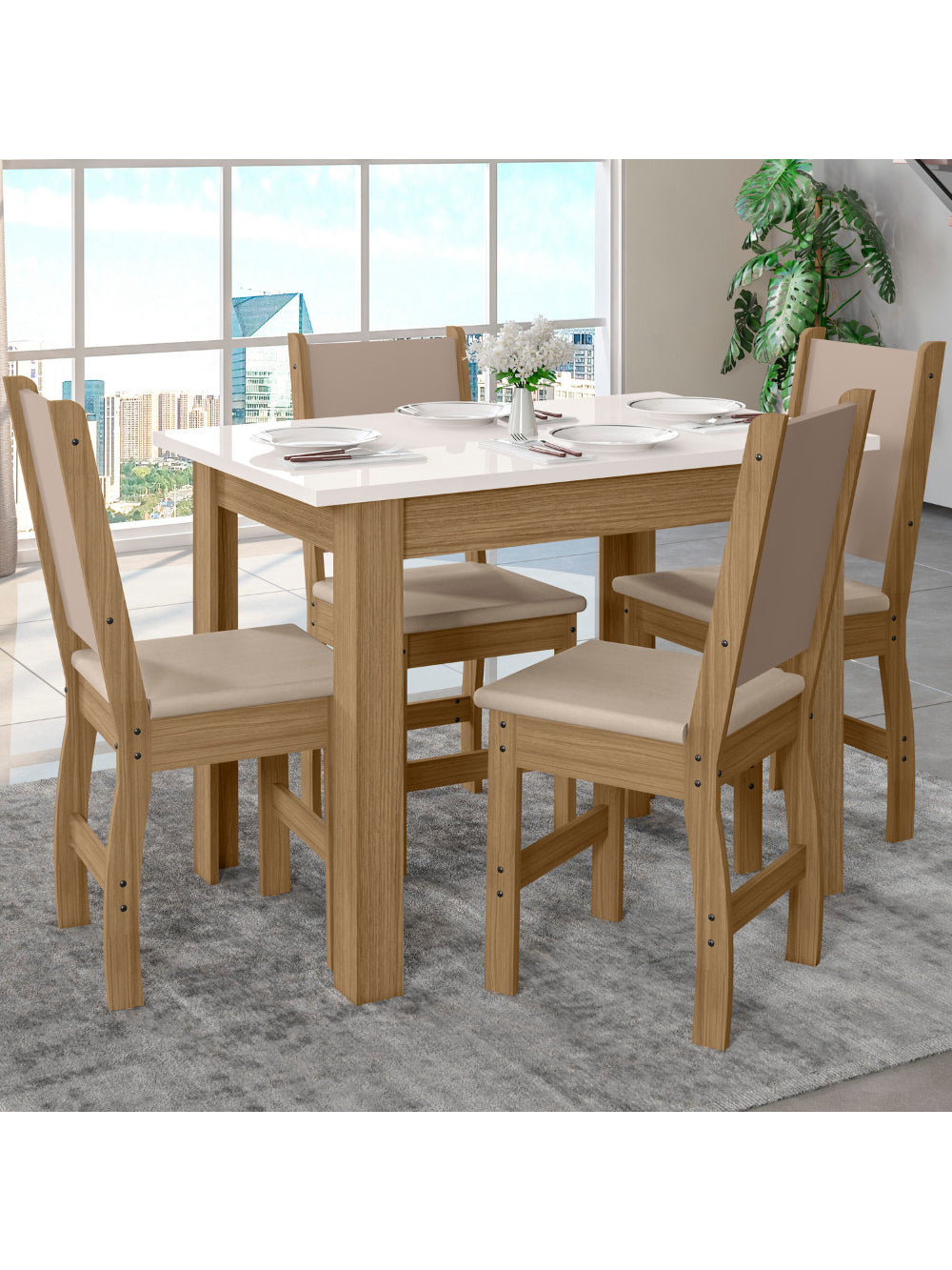 Mesa de Jantar Bellagio Retangular 108cm Com 4 Cadeiras Clara Poliman Móveis - Carvalho com Off White