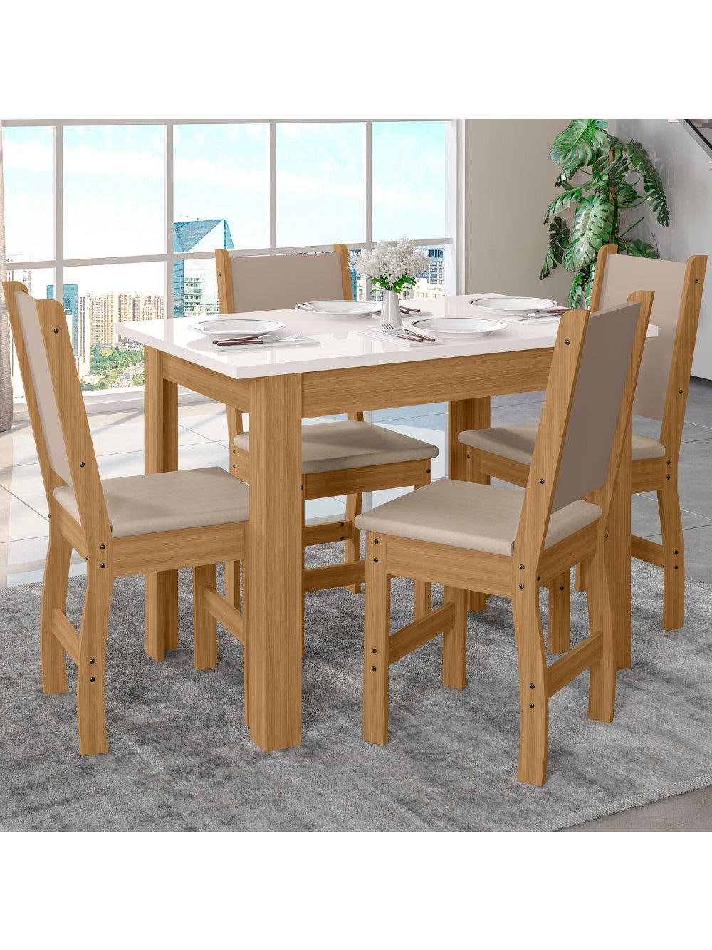 Mesa de Jantar Bellagio Retangular 108cm Com 4 Cadeiras Clara Poliman Móveis - Freijo UV com Off White