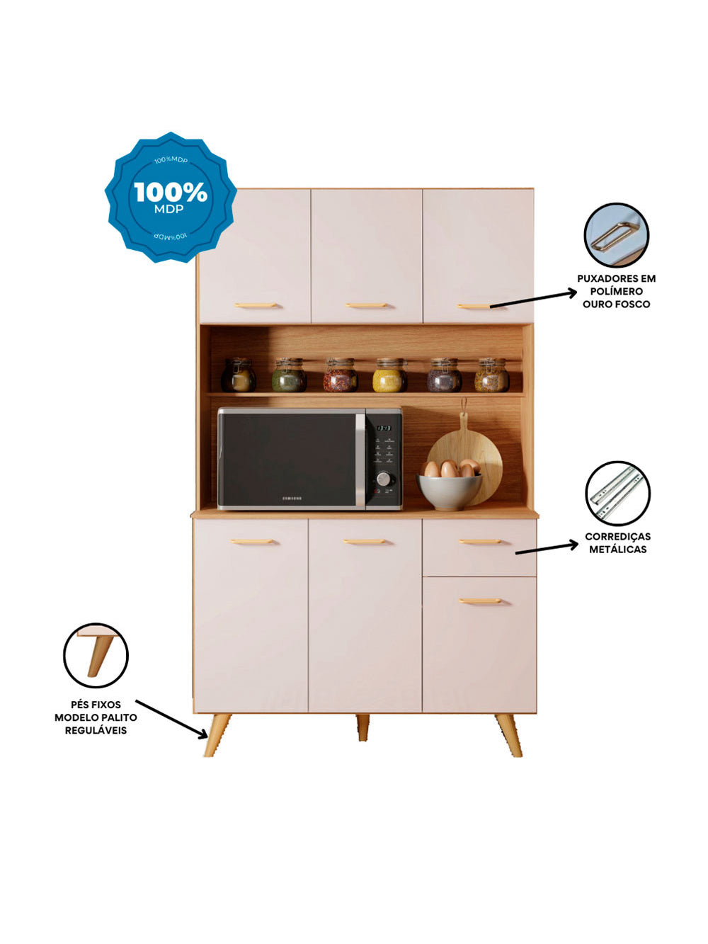 Kit Cozinha Livia 6 portas 1 Gaveta Poliman Moveis - Freijo UV/Off Acetinado