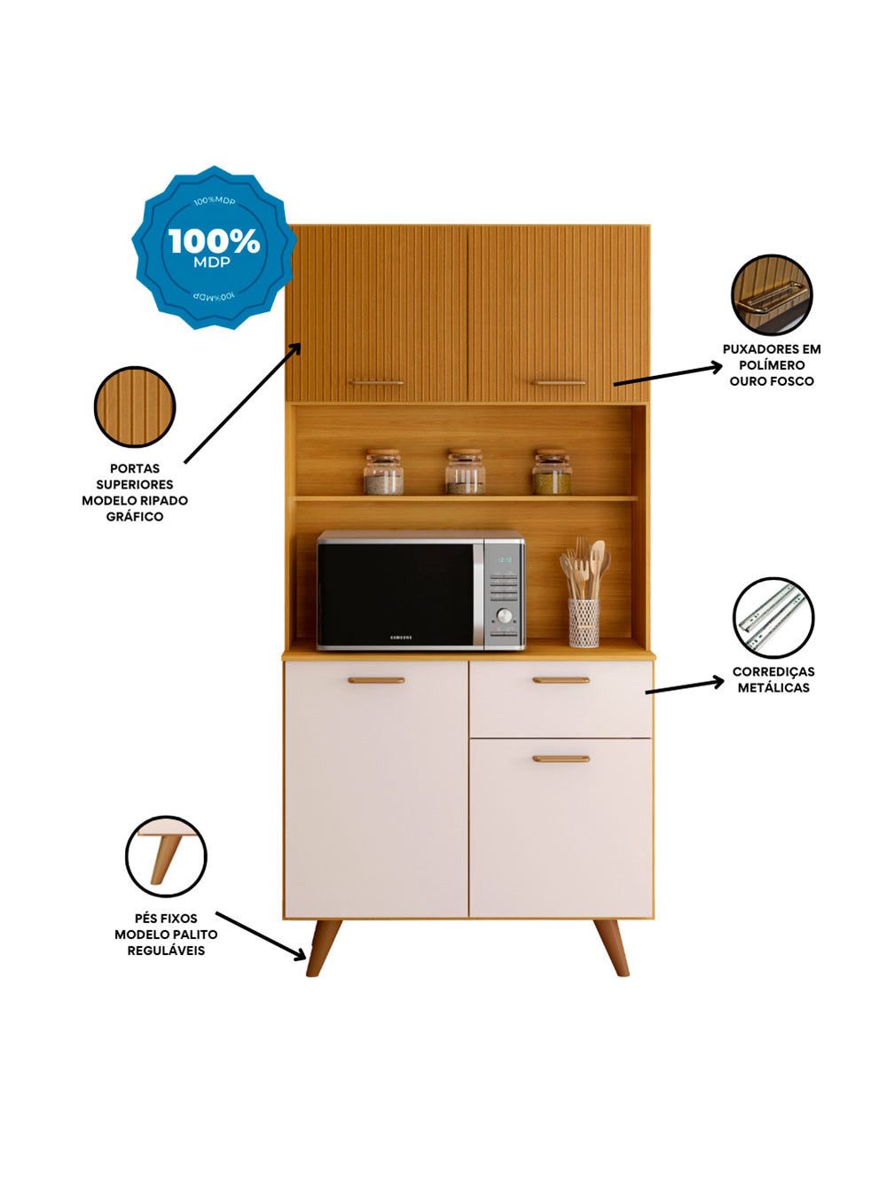 Kit Cozinha Izis 4 Portas e 1 Gaveta Poliman Moveis - Freijo UV/Off Acetinado
