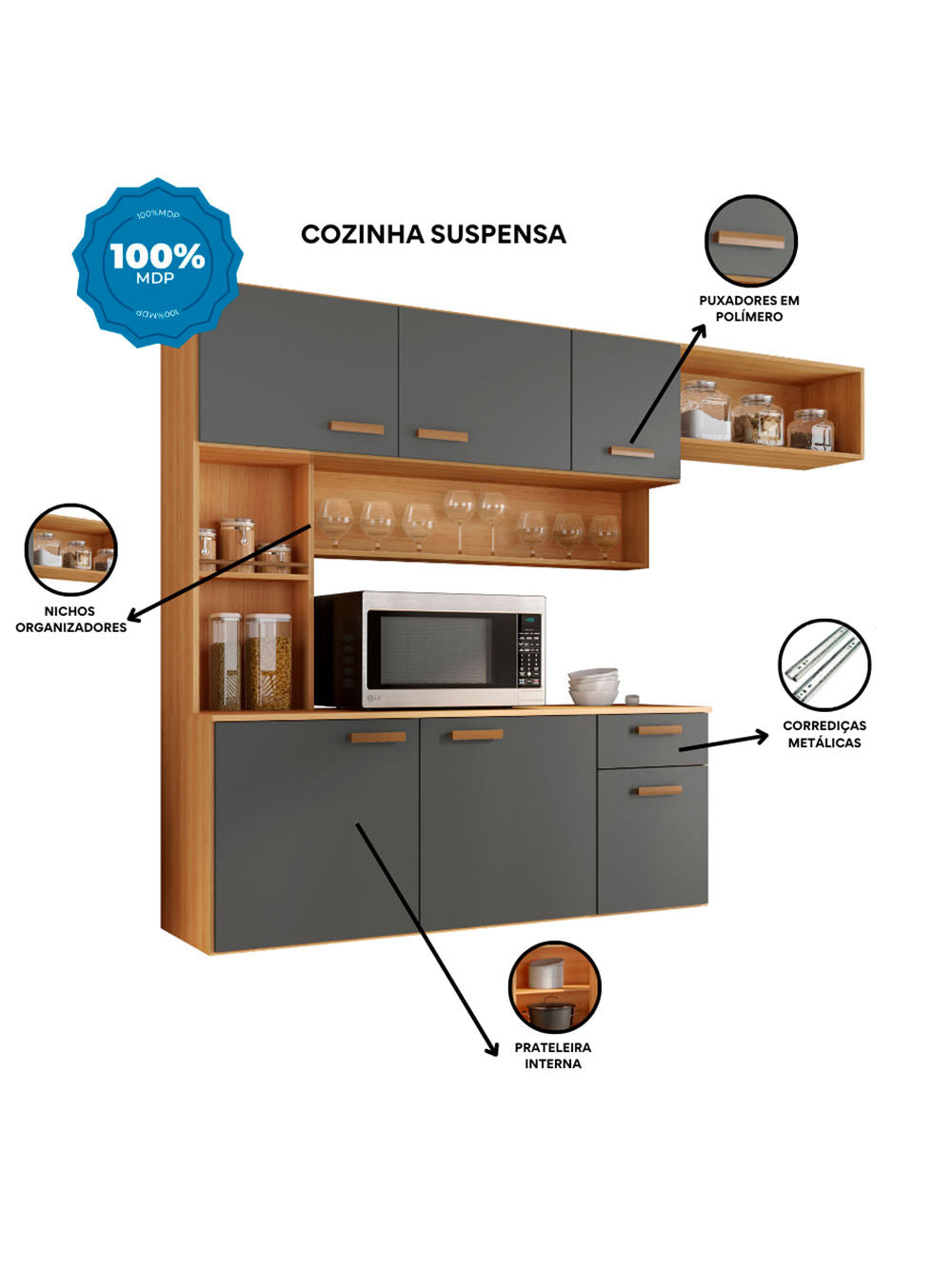 Cozinha Compacta Suspensa Manu Poliman Moveis - Freijo UV/Off Acetinado