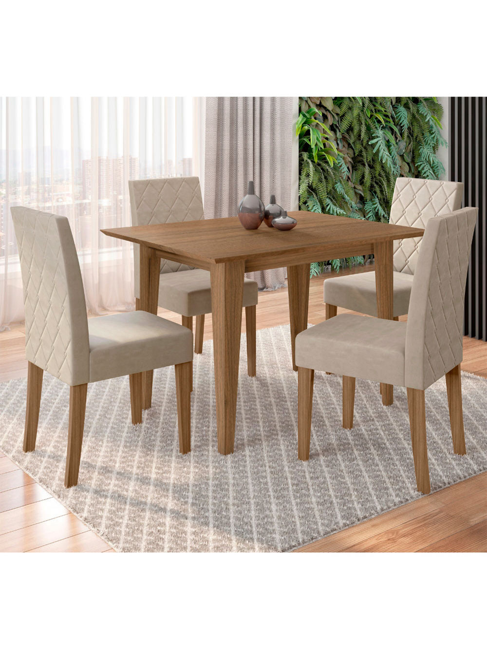 Conjunto Sala de Jantar Retangular Mesa Kate 120cm e 04 Cadeiras Jade Poliman Móveis - Carv/Bege