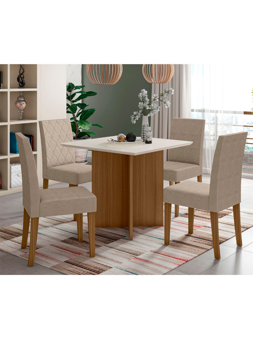 Conjunto Sala de Jantar Quadrada Mesa Helo 90cm e 04 Cadeiras Jade - Carv/Bege/Off
