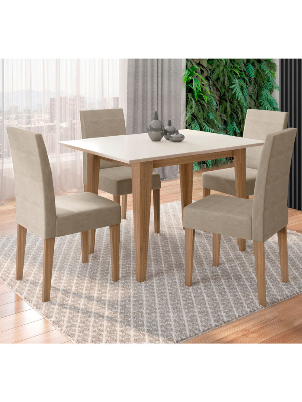 Conjunto Sala de Jantar Retangular Mesa Kate 120cm e 04 Cadeiras Josi Poliman Móveis - Carv/Bege/Off