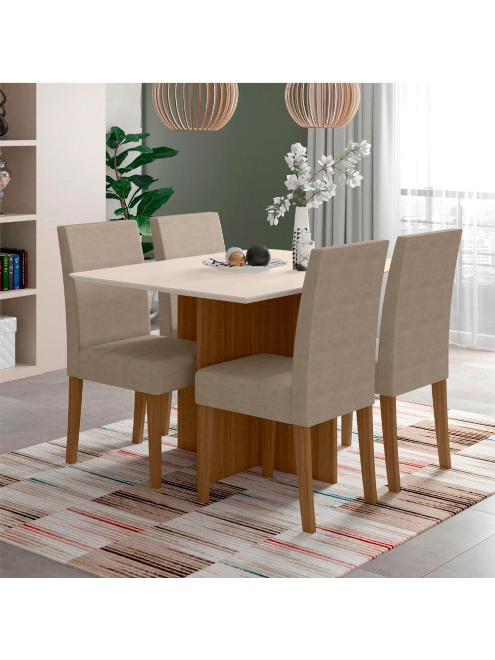 Conjunto Sala de Jantar Retangular Mesa Helo 120cm e 04 Cadeiras Josi Poliman Móveis - Carv/Bege/Off
