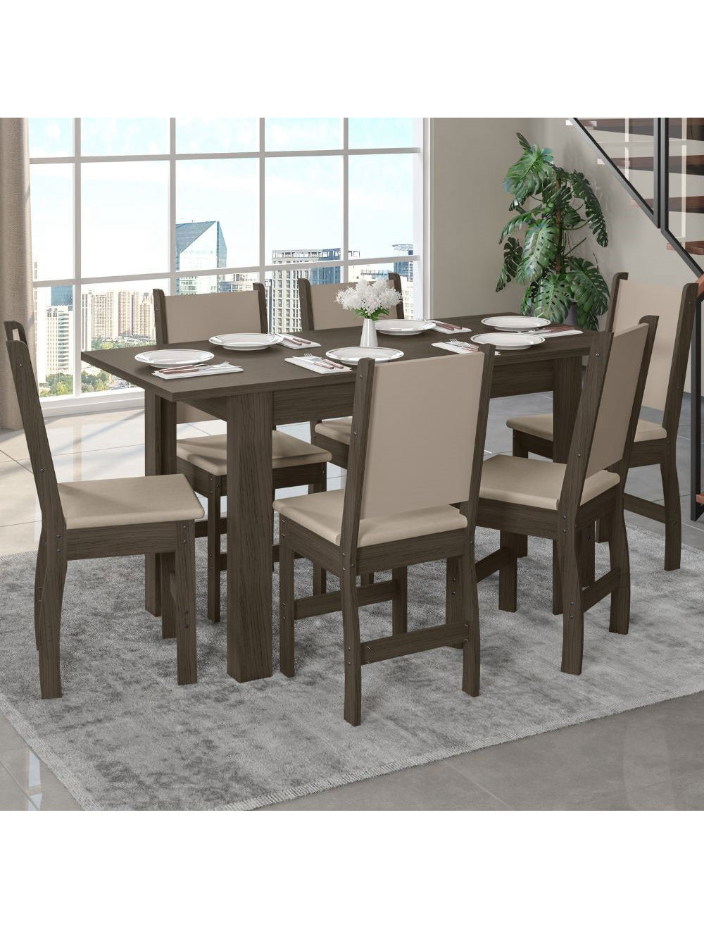 Mesa de Jantar Bellagio 6 Lugares com Cadeira Clara Poliman Móveis - Amêndoa