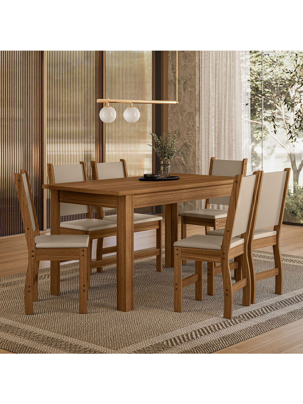 Mesa de Jantar Bellagio 6 Lugares com Cadeira Clara Poliman Móveis - Freijo UV com Off White