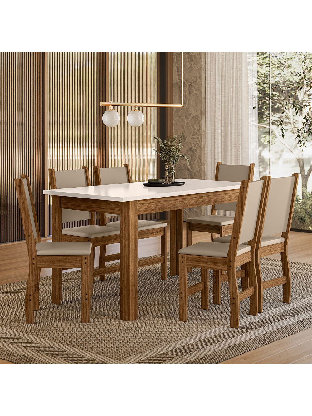 Mesa de Jantar Bellagio 6 Lugares com Cadeira Clara Poliman Móveis - Carvalho com Off White