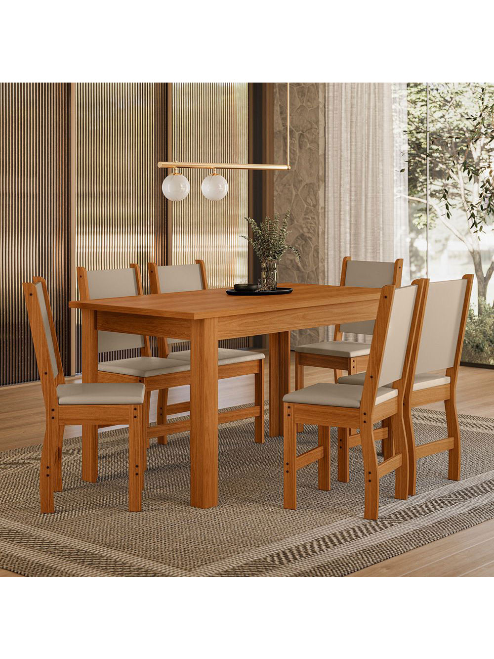 Mesa de Jantar Bellagio 6 Lugares com Cadeira Clara Poliman Móveis - Carvalho com Off White