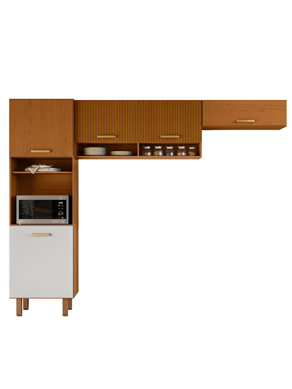 Cozinha Compacta 05 Portas com Paneleiro Duplo Maia Poliman - Freijo /Ripado/ Off