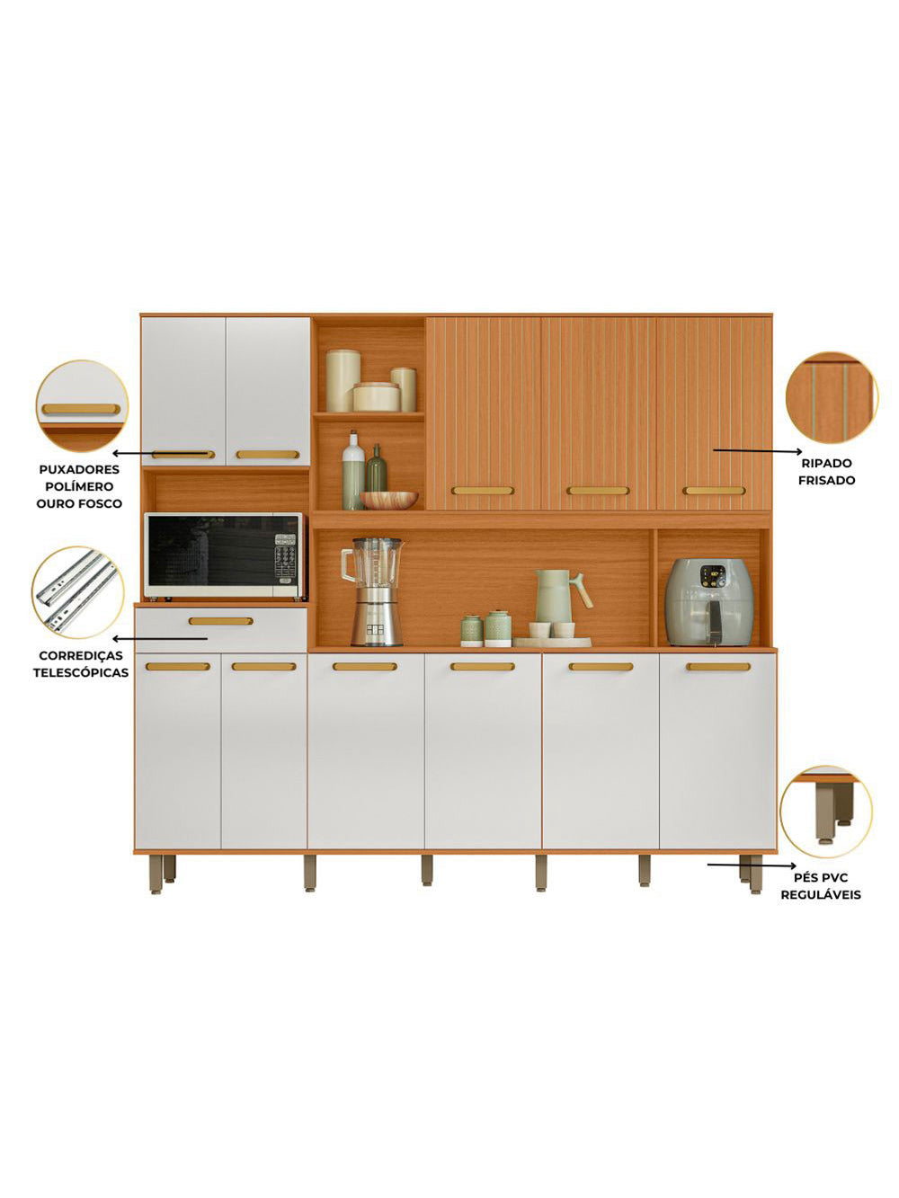 Kit Cozinha Pilar 11 Portas e 01 Gaveta Poliman Móveis - Freijo /Ripado/ Off