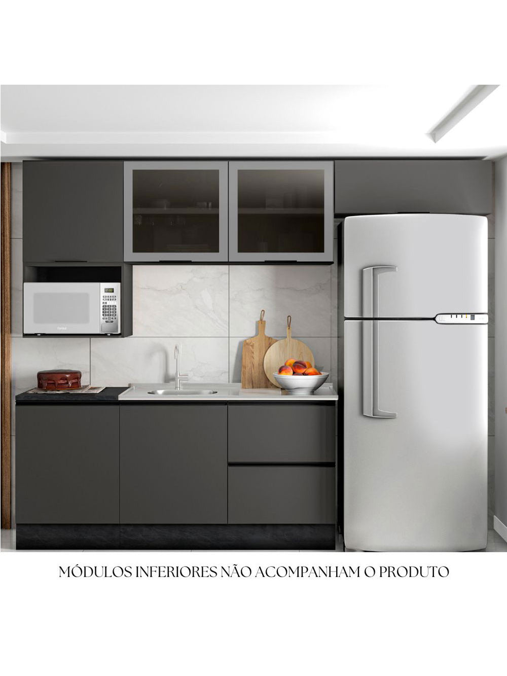 Cozinha Modulada Etna 4 Peças Aéreo com Vidro Poliman Móveis - Grafite