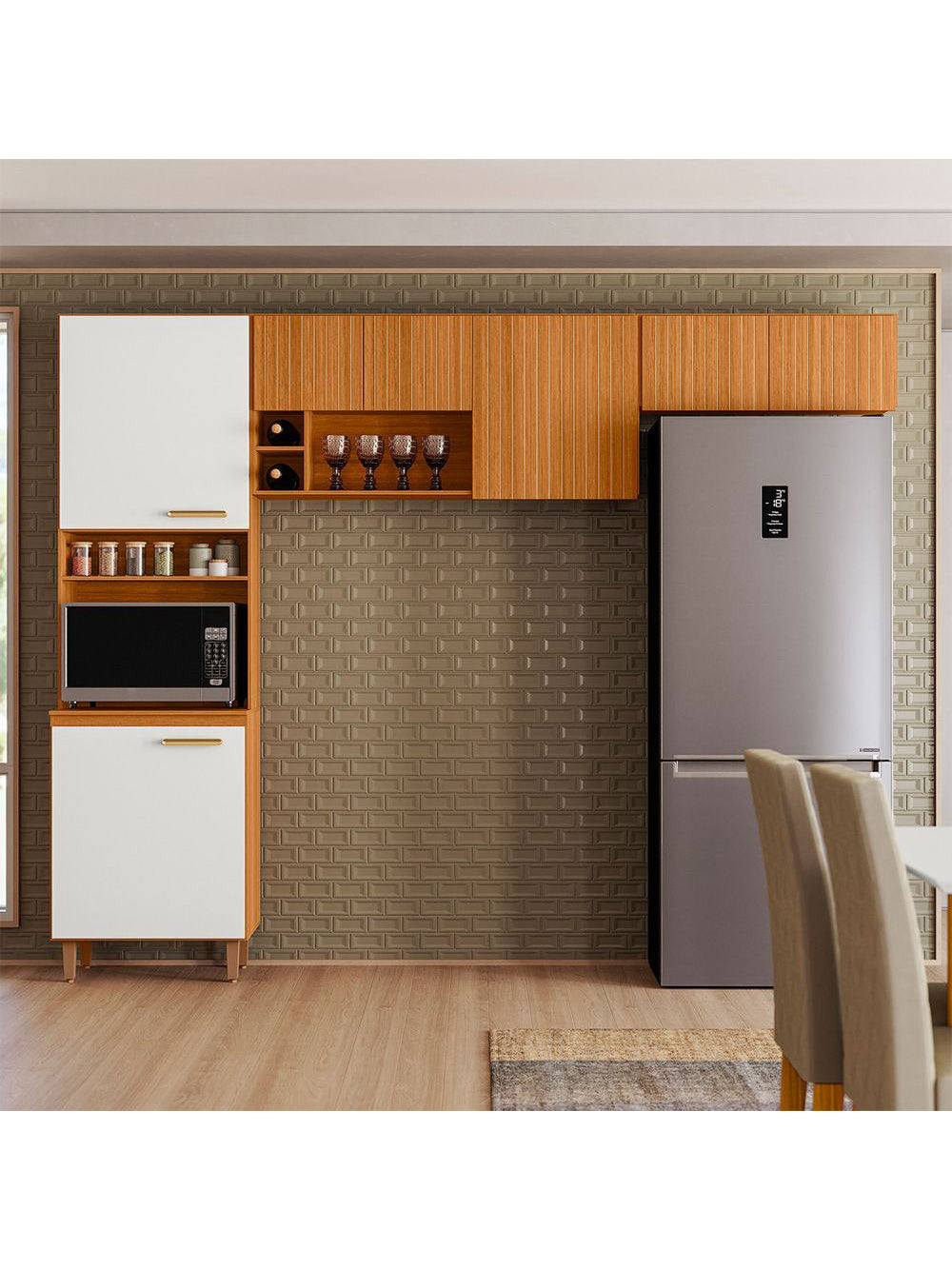 Cozinha Compacta 07 Portas e 03 Peças Sicilia Ripada Poliman - Freijo/off acetinado/ripado frisado