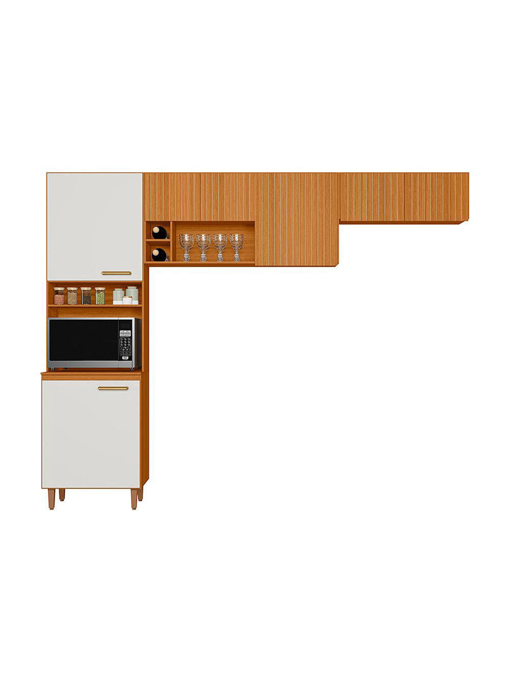 Cozinha Compacta 07 Portas e 03 Peças Sicilia Ripada Poliman - Freijo/off acetinado/ripado frisado