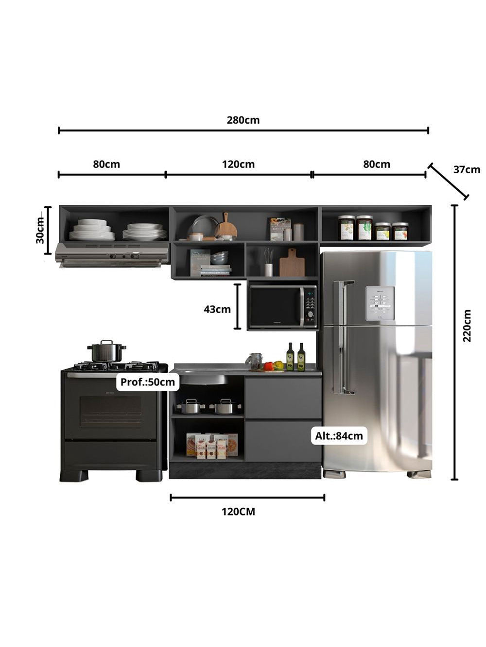 Cozinha Modulada Etna 5 Peças para Pia 5 Portas Poliman Móveis - Carvalho oak e Off White