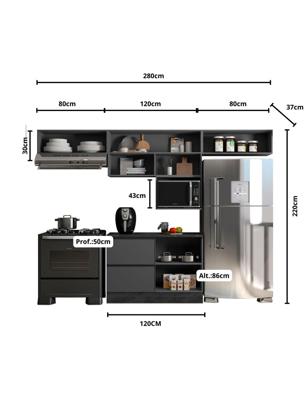 Cozinha Modulada Etna 5 Peças com Tampo e Nicho 5 Portas Poliman Móveis - Carvalho oak e Off White