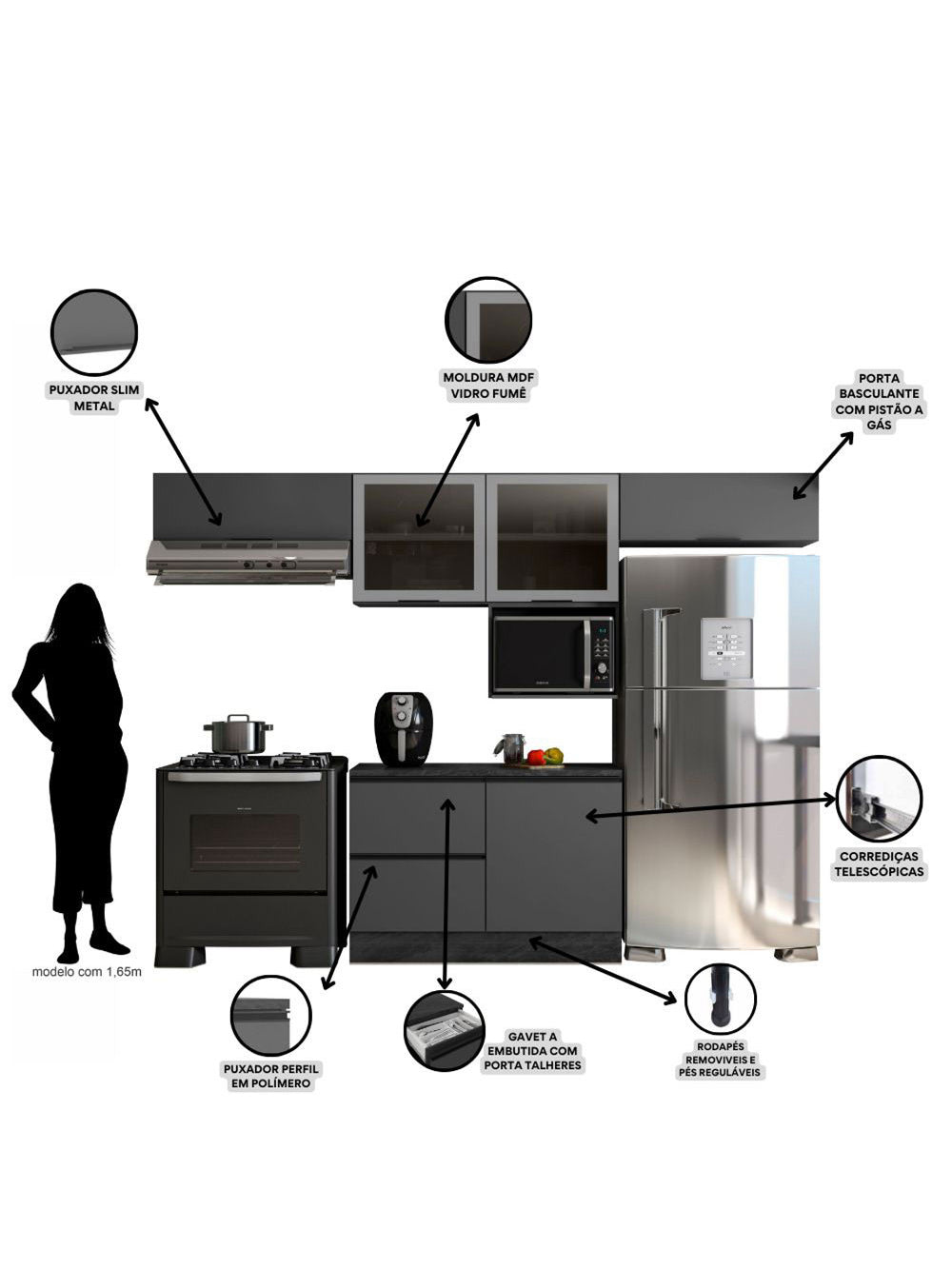 Cozinha Modulada Etna 5 Peças com Tampo e Nicho 5 Portas Poliman Móveis