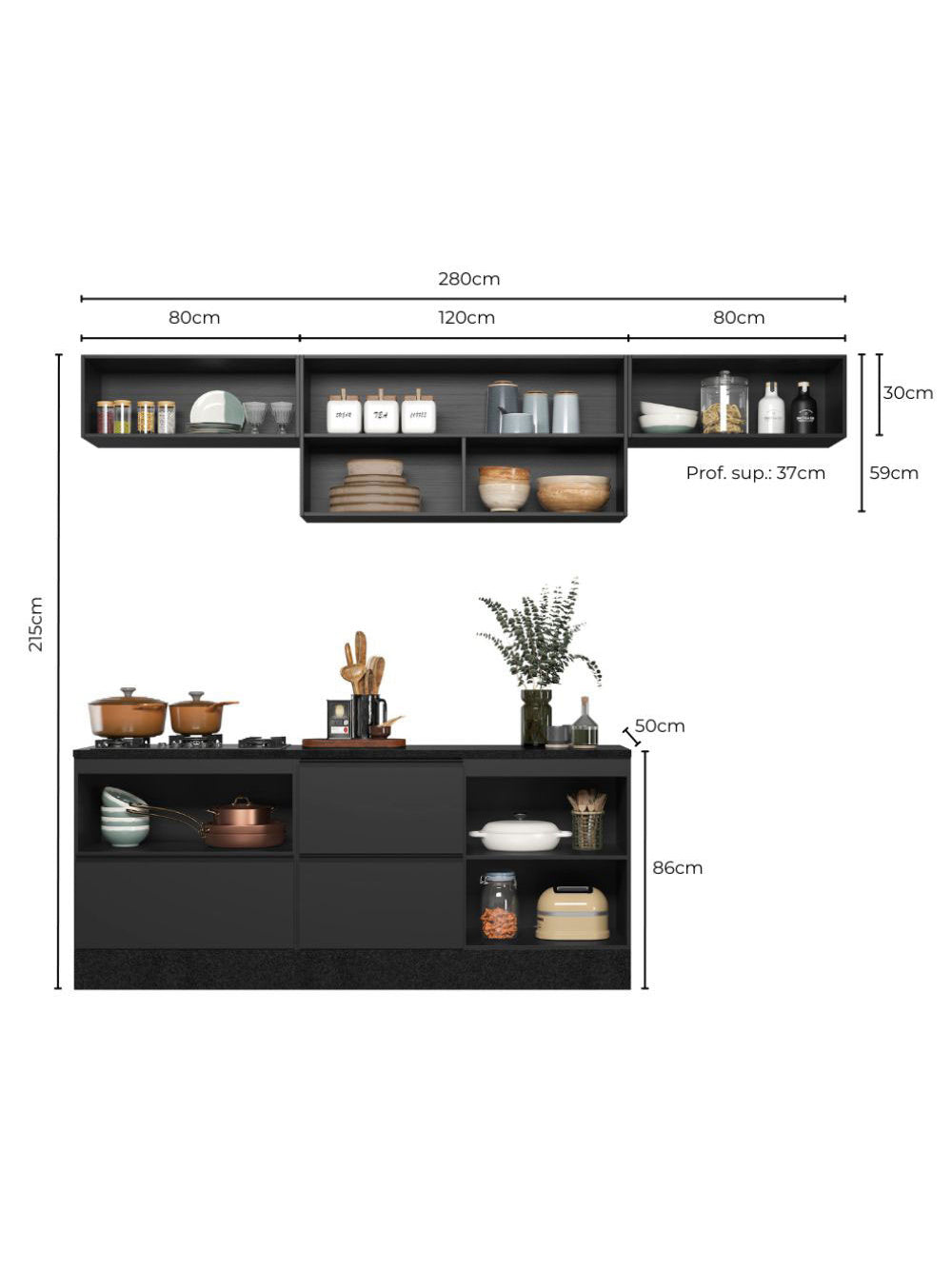 Cozinha Modulada Etna 5 Peças com Tampo 6 Portas Poliman Móveis - Carvalho oak e Off White