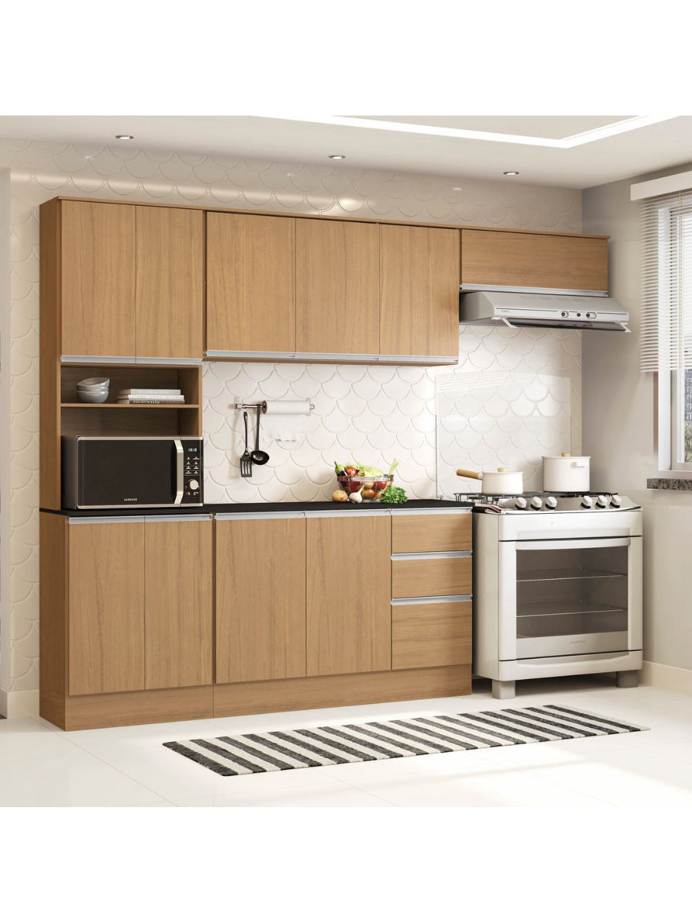 Cozinha Compacta 9 Portas 2 Gavetas Com Balcão Tampo Paris - Carvalho