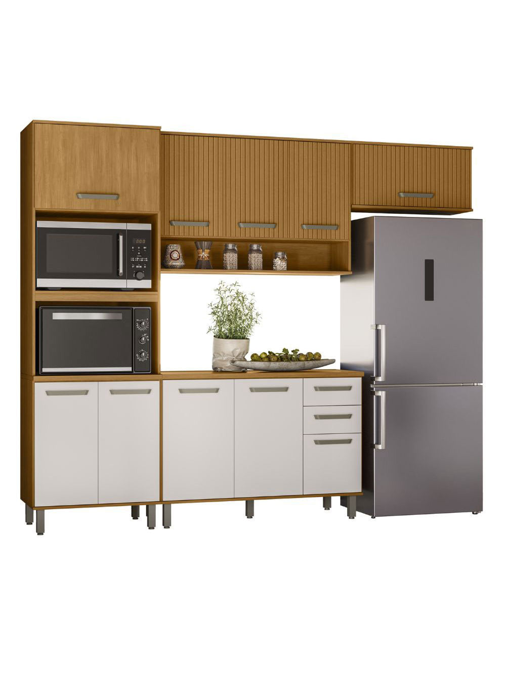 Cozinha Modulada Criare 5 Peças com Tampo Poliman Móveis - Freijo /Ripado/ Off