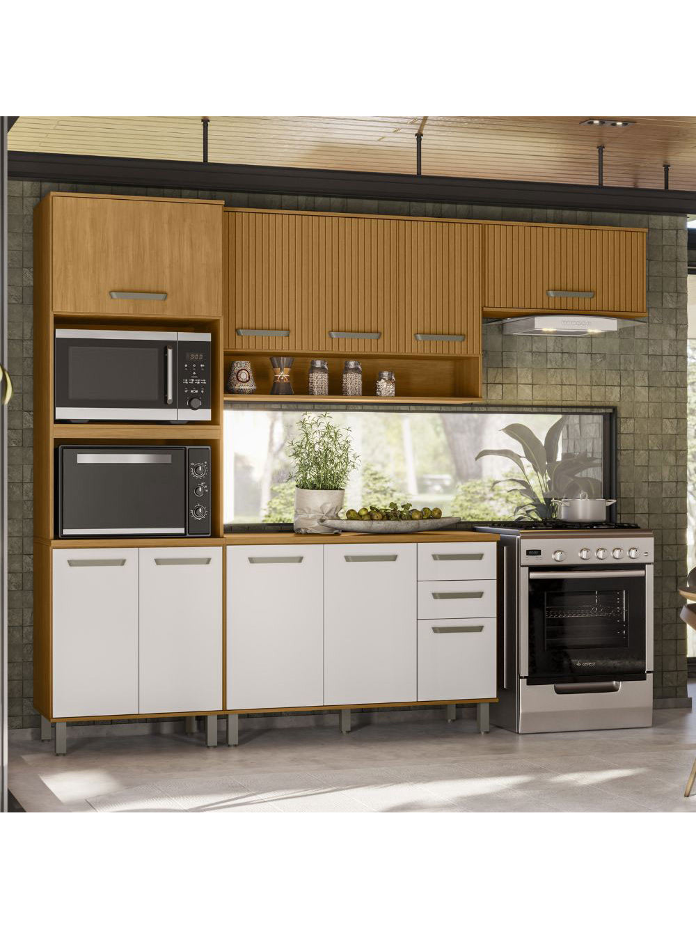 Cozinha Modulada Criare 5 Peças com Tampo Poliman Móveis - Freijo /Ripado/ Off