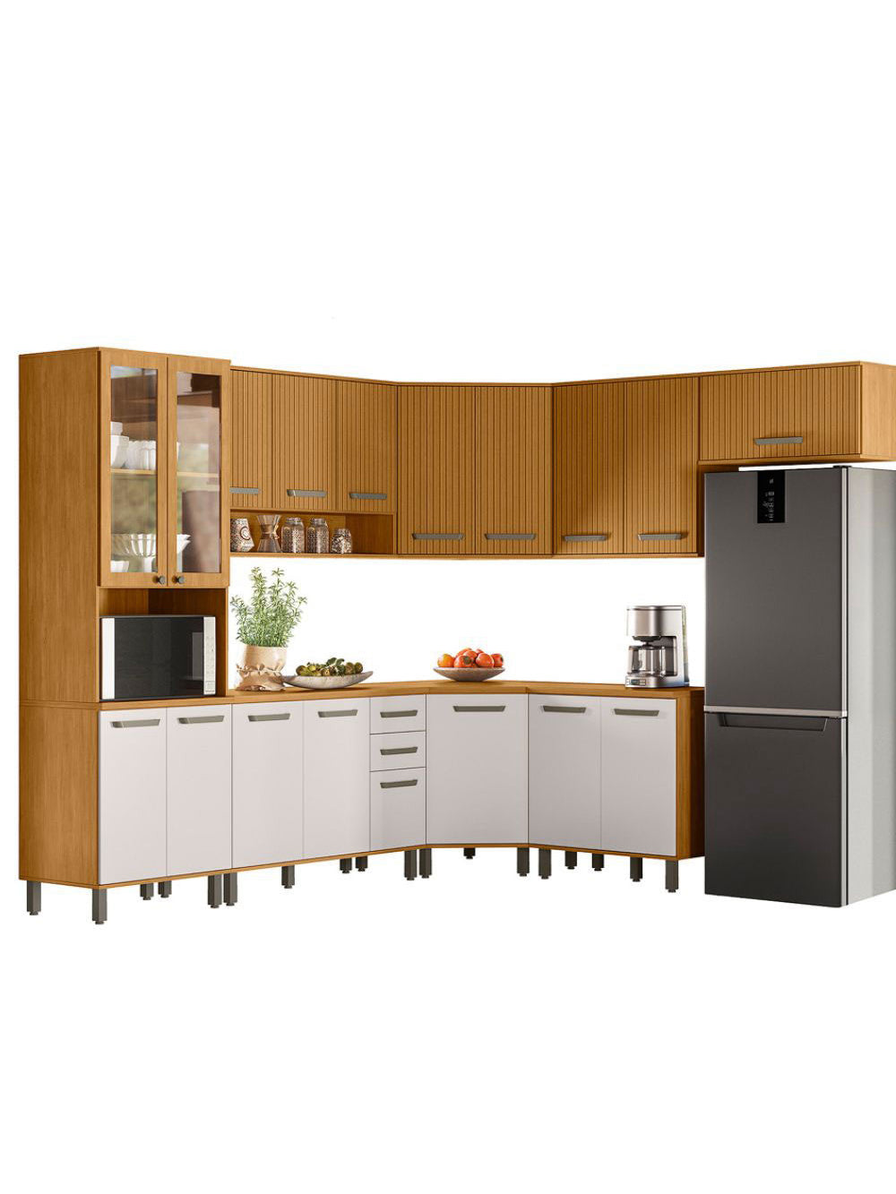 Cozinha Modulada Criare 8 peças com Canto Poliman Móveis - Freijo /Ripado/ Off