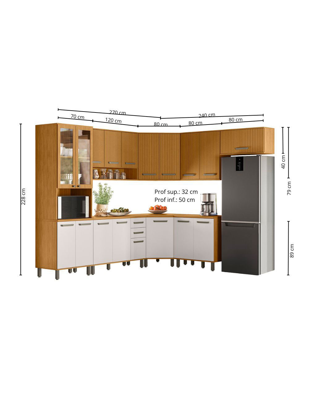 Cozinha Modulada Criare 8 peças com Canto Poliman Móveis - Freijo /Ripado/ Off
