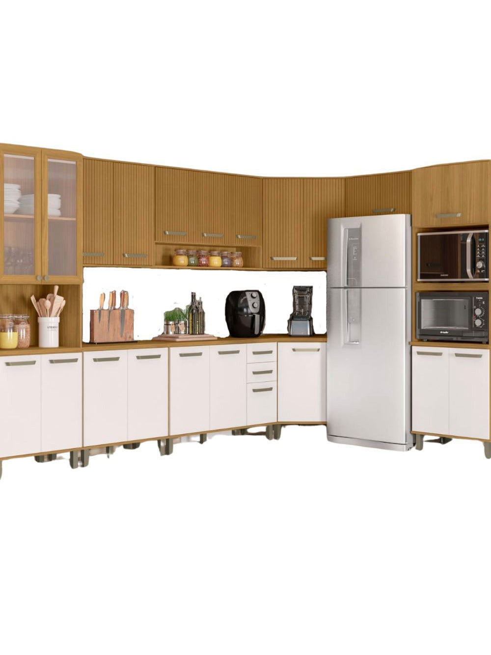 Cozinha Modulada Criare de Canto 10 Peças 23 Portas Poliman Móveis - Freijo /Ripado/ Off