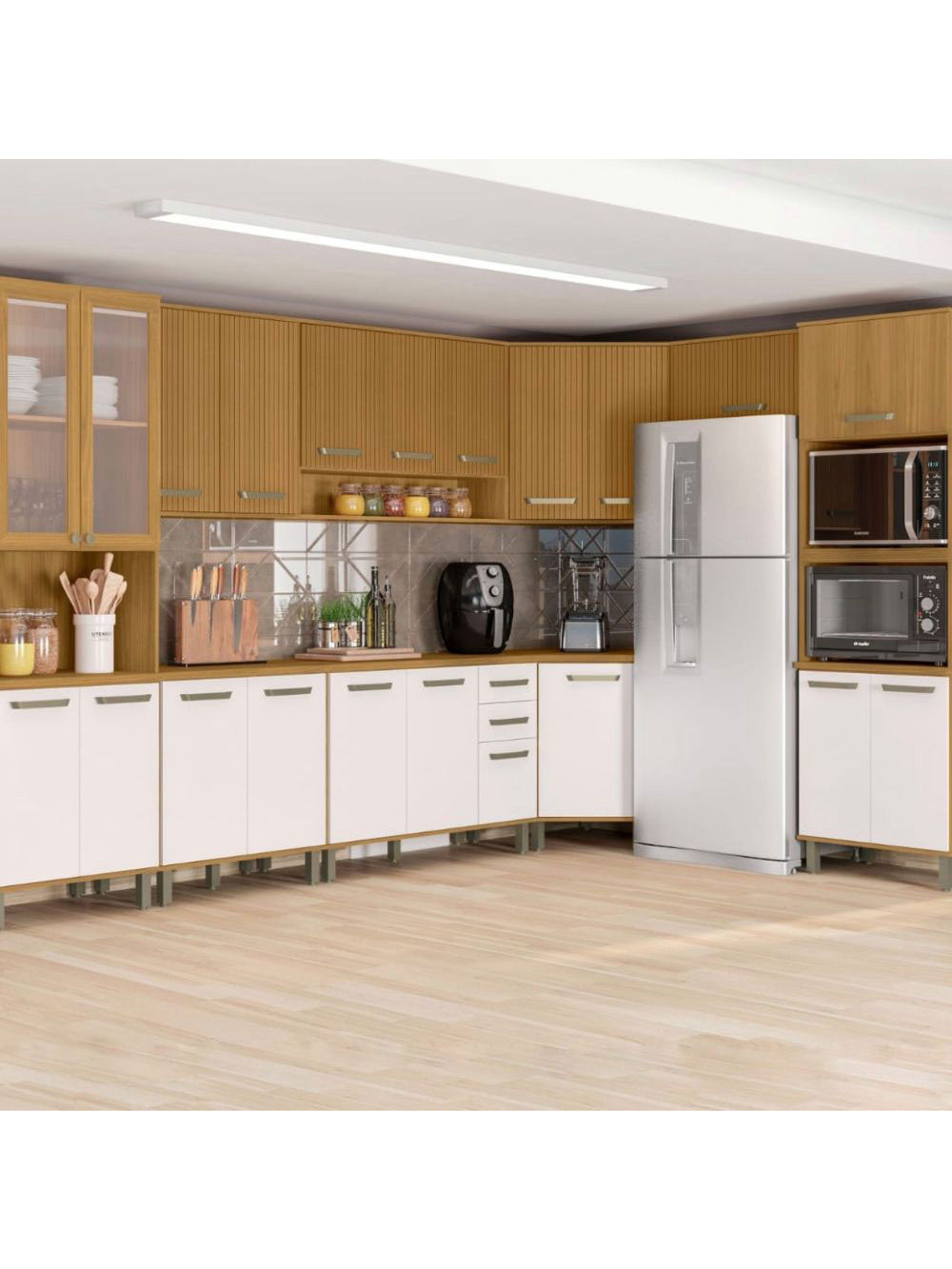 Cozinha Modulada Criare de Canto 10 Peças 23 Portas Poliman Móveis - Freijo /Ripado/ Off