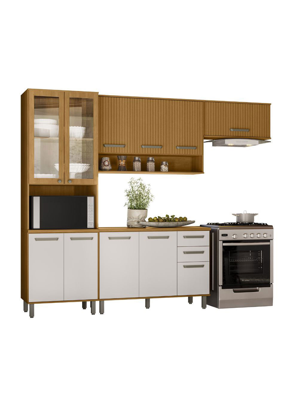 Cozinha Modulada Criare 4 Peças com Cristaleira 11 Portas com Tampo Poliman Móveis - Freijo /Ripado/ Off