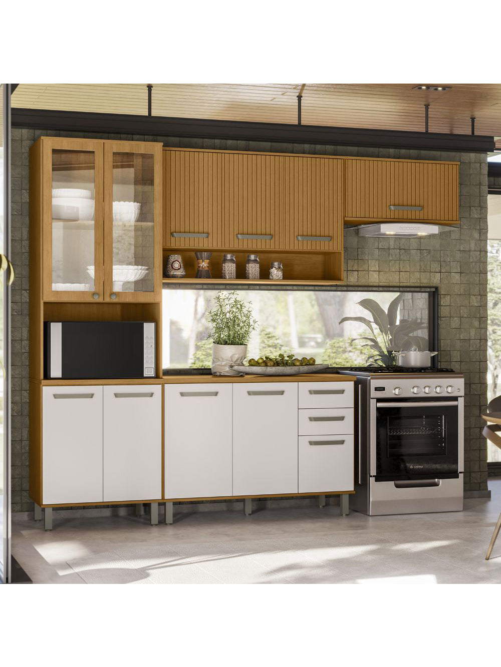 Cozinha Modulada Criare 4 Peças com Cristaleira 11 Portas com Tampo Poliman Móveis - Freijo /Ripado/ Off
