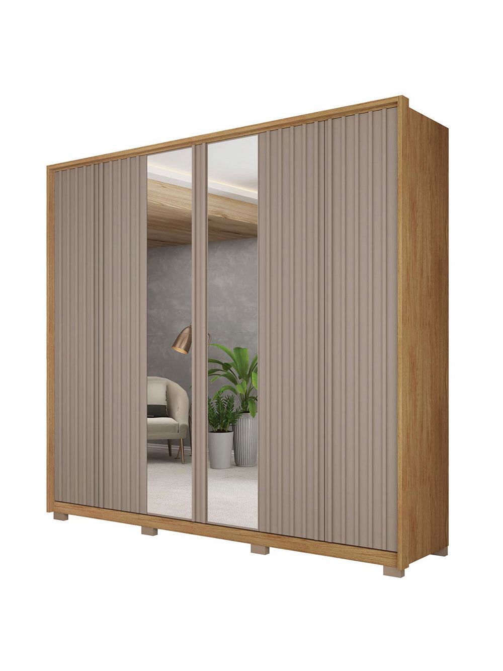 Guarda Roupa Casal Decimus com Espelhos 6 Portas 4 Gavetas com Pés Caemmun - Buriti / fendi